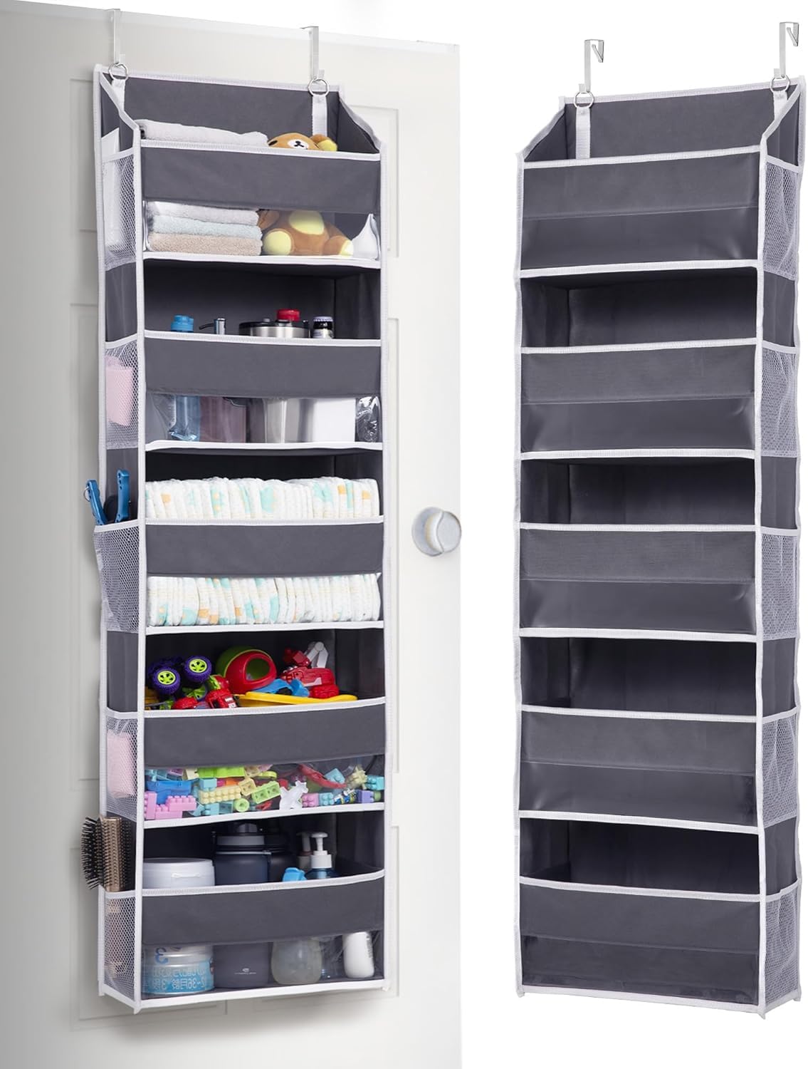 Fennec Mart Over Door Organizer with 5 Large Pockets & 10 Mesh Side Pockets Hanging Storage with Clear Window for Toys, Shoes, Diapers, 44 lbs Capacity (Grey)