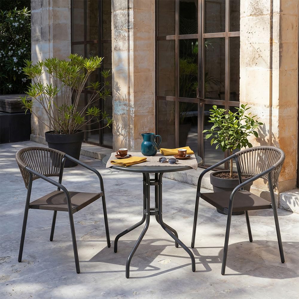 UBERTI. Set bistrò da balcone tavolino rotondo in metallo e 2 sedie in metallo con braccioli impilabili con schienale in corda, set salvaspazio per veranda e giardino - Max & Gaia (Grigio Scuro)