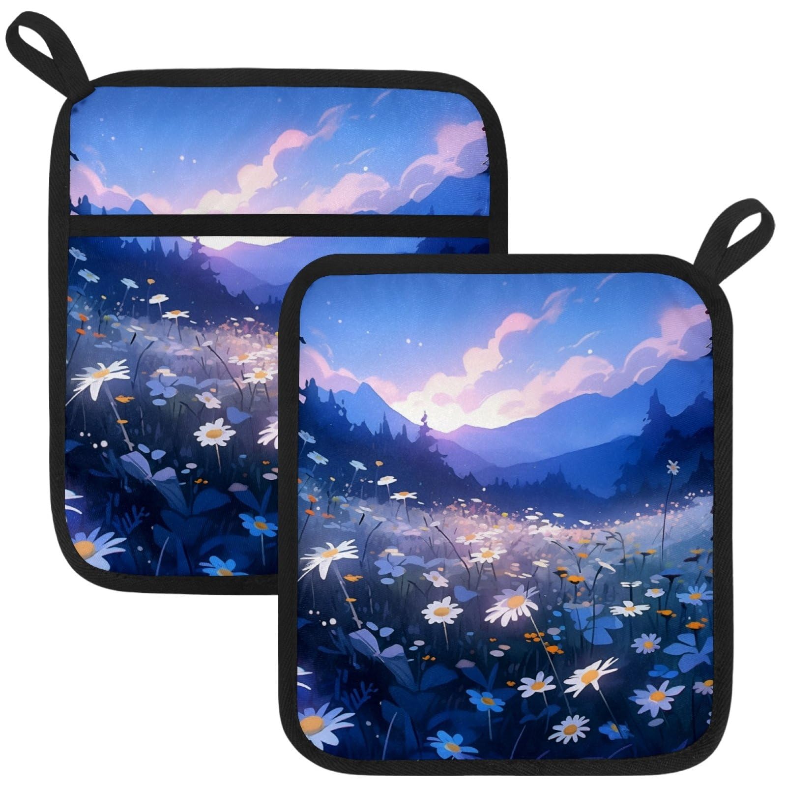 VAPOKF Daisy Heat Resistant Pot Holders, Thick Pot Holders Pad with Hanging Loop for Kitchen, Oven Cloth Pads for Kitchen Baking Microwave Oven