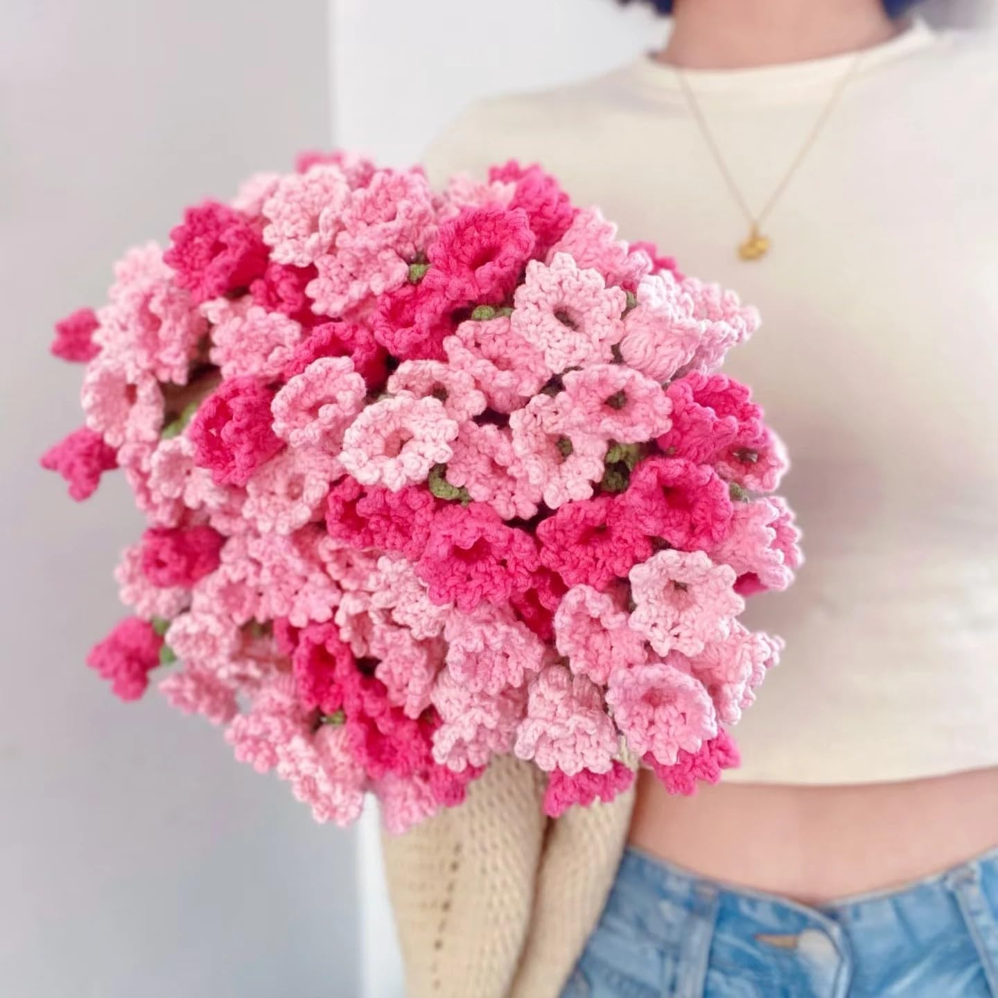 Handmade Crochet Flower Bouquet Blanket - 100% Acrylic Round Throw for Valentine's Day, Boho Home Decor (31"/43"/63", Rose/Lily/Sunflower)(Lily of The Valley(Mixed Pink), 31.5'')