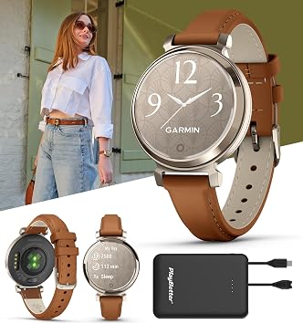 PlayBetter Garmin Lily 2 Classic Cream Gold/Tan Leather Womens Fitness Smartwatch Bundle - Ladies Watch with Hidden Display, 5-Day Battery & Garmin Pay - Includes Portable Charger