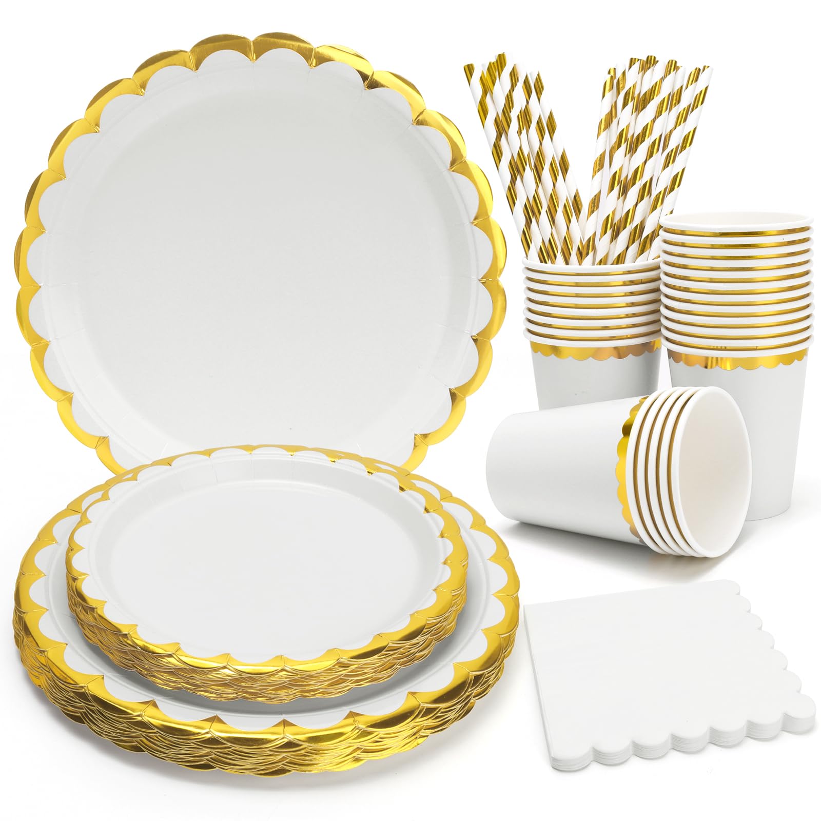 PARTY GO 100PCS White Wavy Edge Hot Stamping Party Supplies Set 25Pcs 9'' 7'' Paper Plates Napkins Cups Decorations for 25 Guests