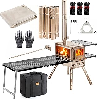 M6 Wood Burning Stove with Oven, 2100 Cu In Large Firebox & 3 Air Inlets, Stainless Steel Camp Stove with Foldable IGT Table, Ash Drawer & 6 Chimney Pipes for Outdoor Cooking, Camping