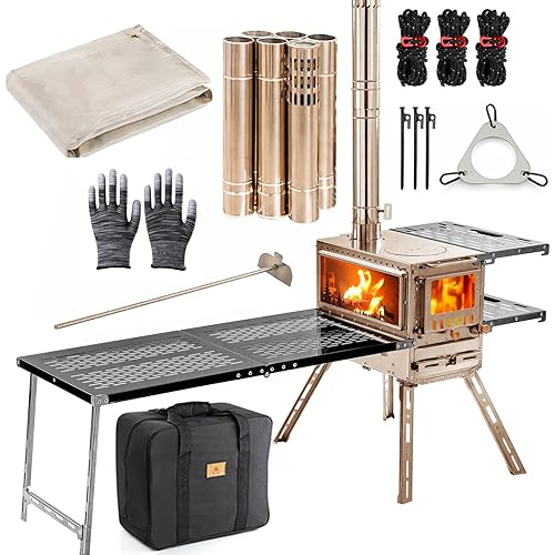 Hot Tent Stove with Oven & Table, Wood Burning Stove, Portable Wood Stove with 6 Stainless Chimney Pipes for Outdoor Heating & Cooking, Ice Fishing, Hunting, Winter Warmth