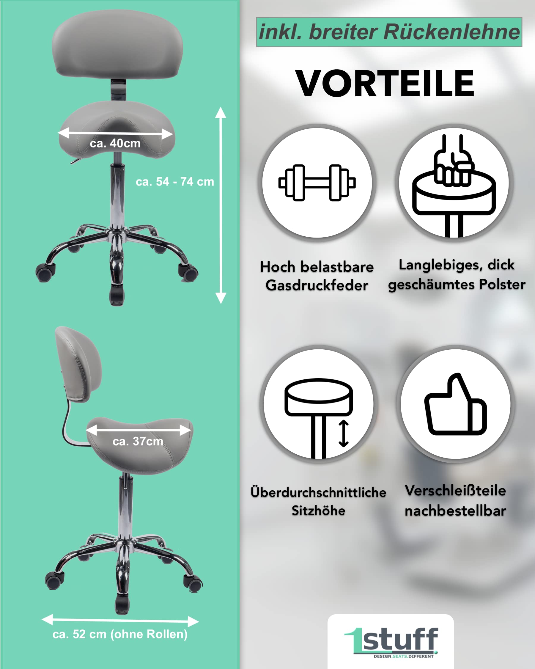 Sattelhocker MULY BIGBACK Sattelstuhl mit Lehne - Sitzhöhe bis ca. 74cm - ergonomischer Rollhocker Arzthocker Arbeitshocker Praxishocker Drehhocker (Lederimitat schwarz)