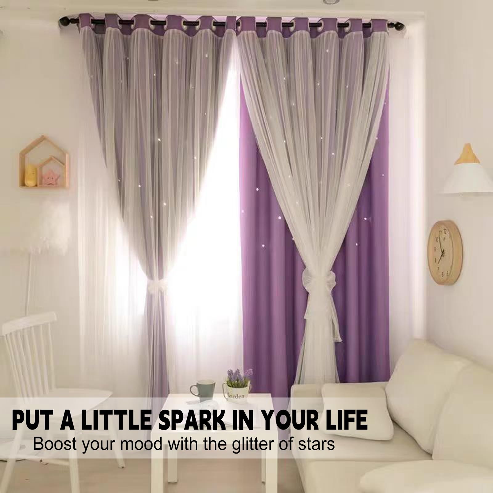 Cortinas Infantiles Niña 220 x 140 cm Estrella Diseño Cortina de Princesa I Room Darking - Bloques 80-95% Light Cortinas Dormitorio Juvenil para Habitacion de Niños, Morado