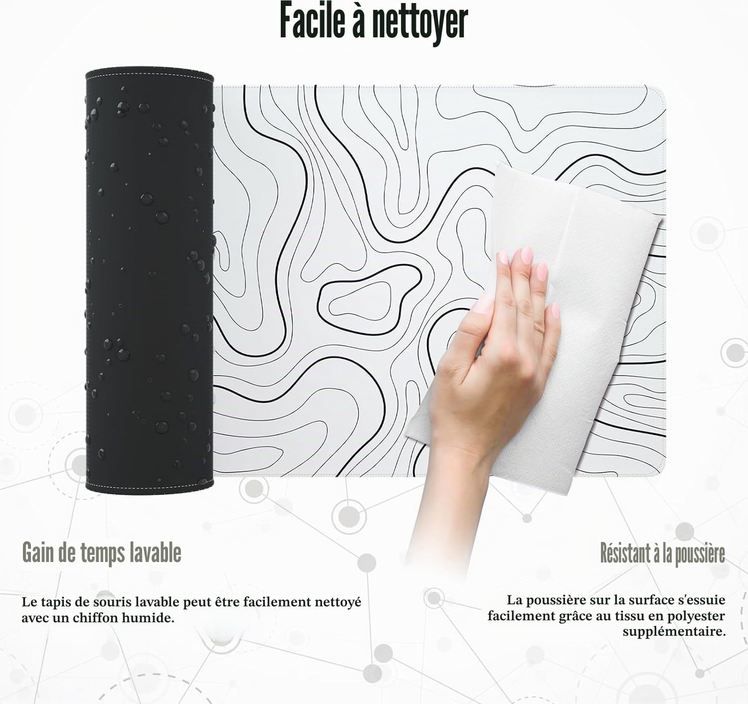 Grand Tapis de Souris de Jeu Cartes Topographiques Bords Cousus Sous-Couche Antidérapante Blanc 80x30