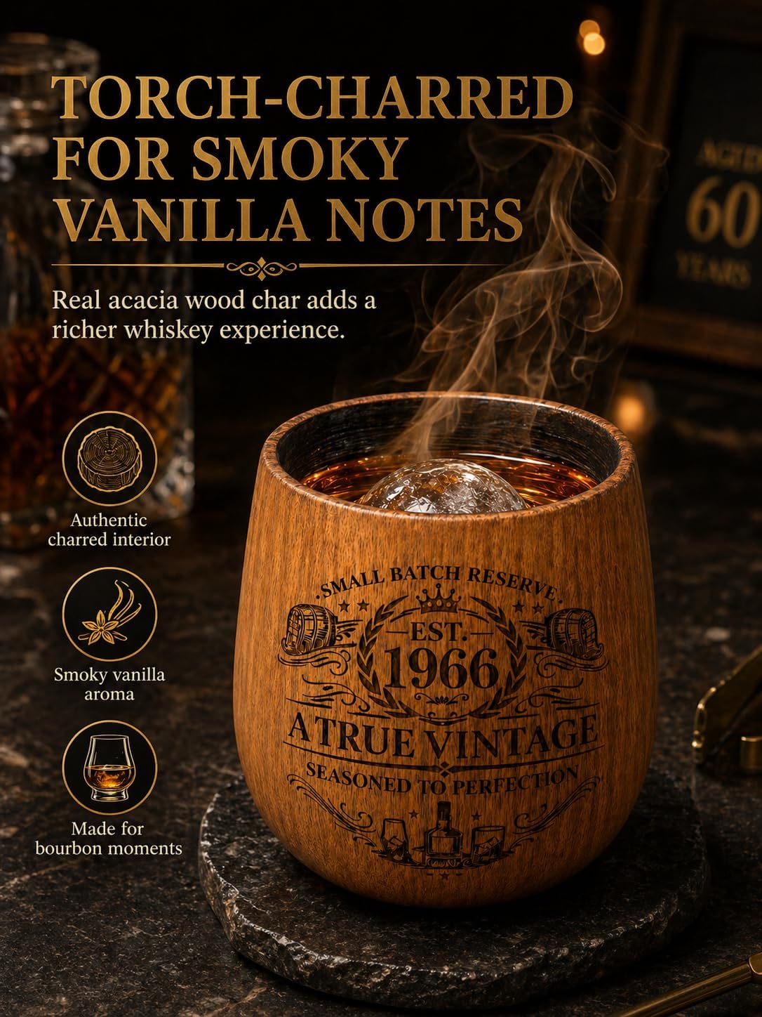 60th Birthday Gifts for Men, Charred Wooden Whiskey Glass Gift Set for Him Dad Husband, Vintage 1966 Birthday Gift with Ice Ball Mold & Whiskey Stones, Unique 60 Year Anniversary Keepsake