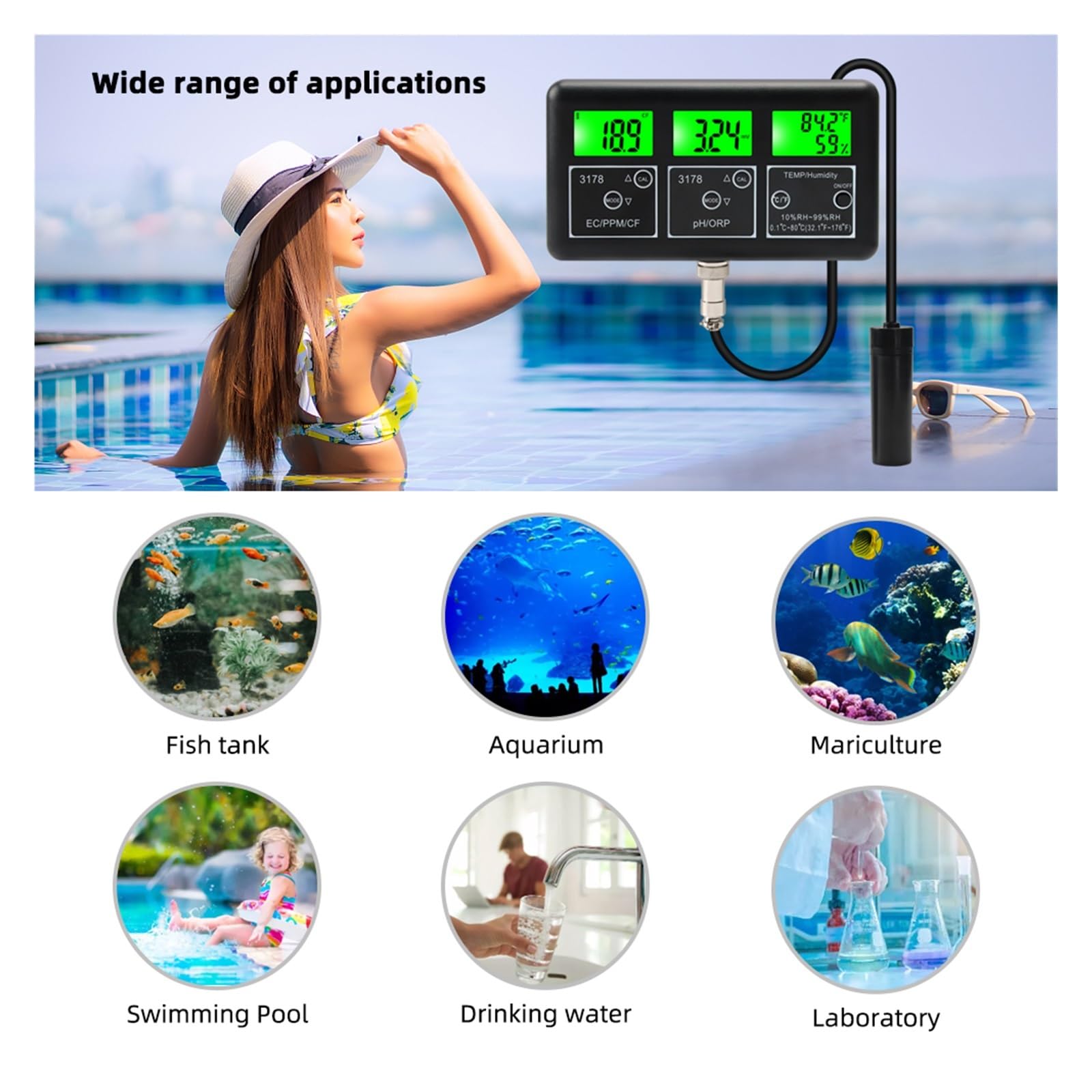Medidor de PH Digital multifunción 7 en 1, temperatura humedad ORP TDS EC CF, probador pureza calidad del agua, Monitor for piscina acuario, Probador preciso(Plug-01)