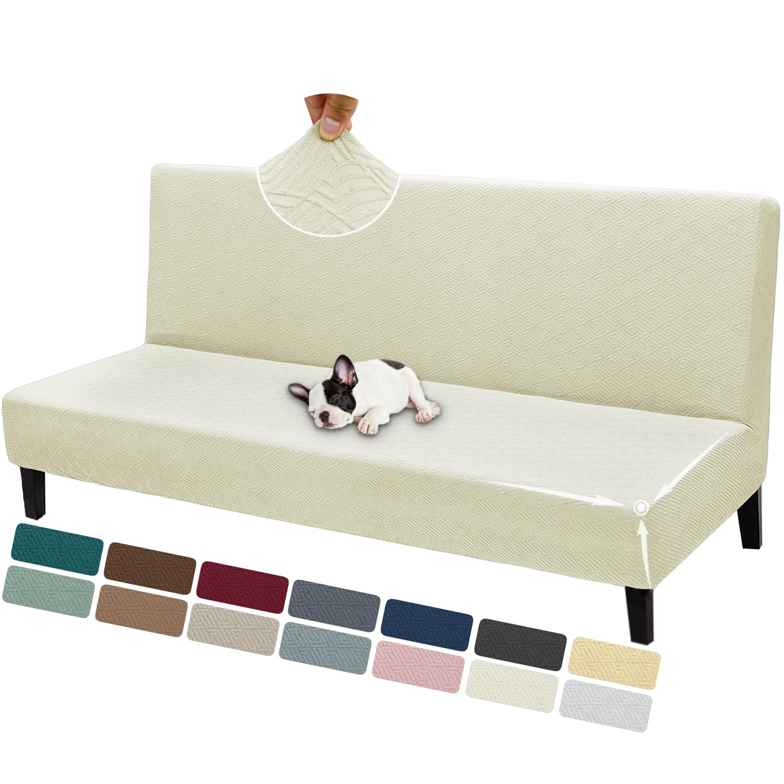 ZNSAYOTX Armless Futon Cover Super Stretch (67"-82") Jacquard Futon Sofa Bed Slipcover with Non-Slip Elastic Bottom, Universal Sofa Mattress Covers Full Queen Size (Soft Durable Washable, Light Beige)