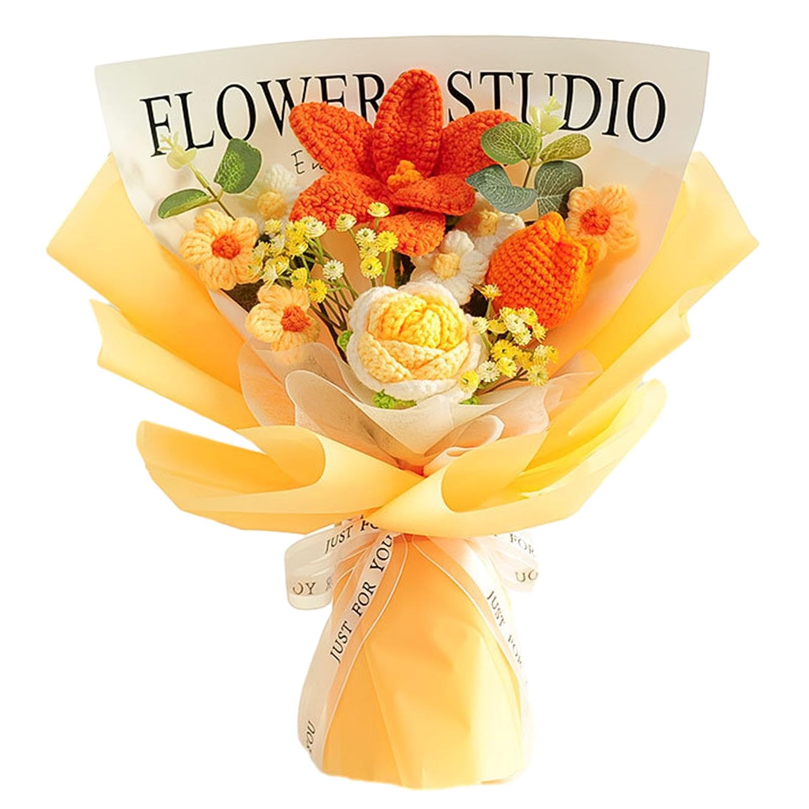 Gralara Gehäkelter Blumenstrauß, bereits hergestellter künstlicher Blumenstrauß, gestrickte Blumen für Zuhause, gelbe Rosenblüte