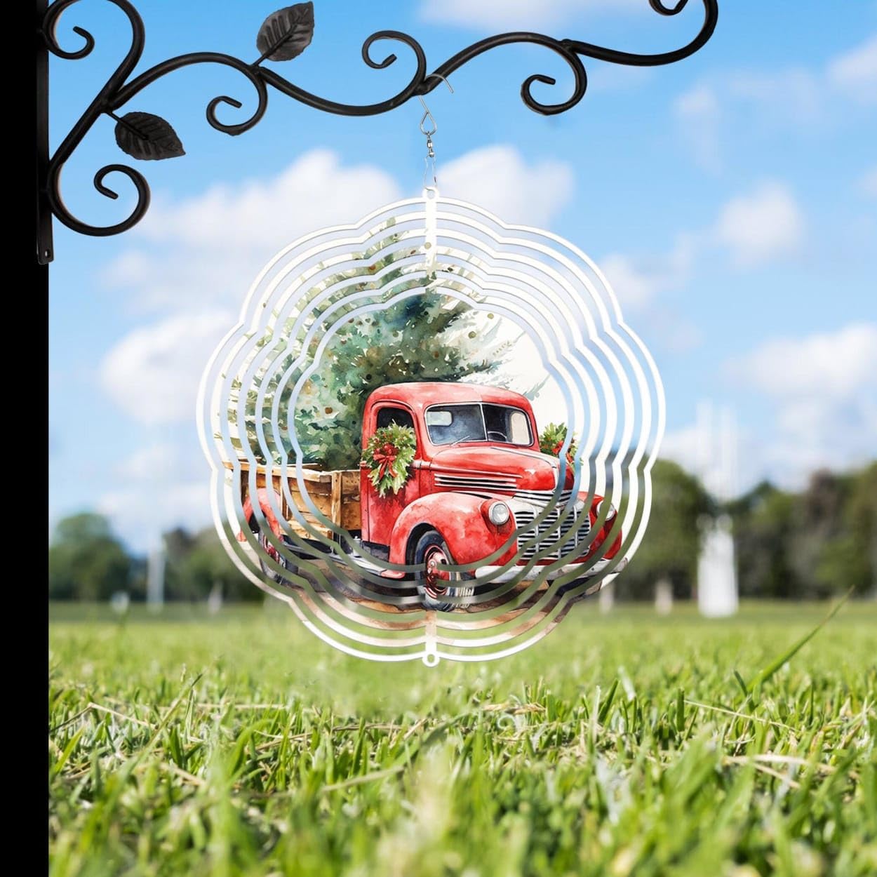 Red Truck Christmas Trees Christmas Wind Spinners 3D Stainless Steel Laser Cut Metal Double Sided Printing-Hanging Indoor/Outdoor Decorations Yard Gardening Decor,Metal Kinetic Art 14x14 inches