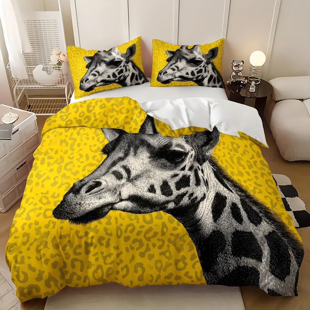 3-częściowy komplet pościeli 200 x 200 cm, żyrafa, kreatywny motyw zwierzęcy, miękka poszewka na kołdrę dla dorosłych, dzieci, żółta poszewka na kołdrę i 2 poszewki na poduszkę 80 x 80 cm, na łóżko