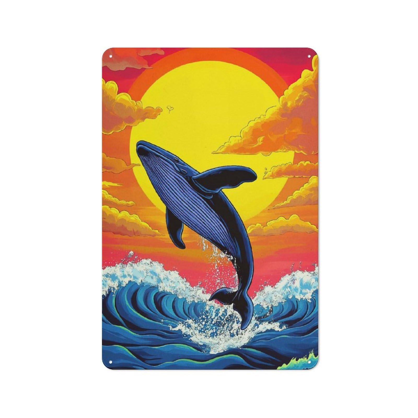 Junmoney Whale Breaching Sunset Retro Printed Metal Sign 30X20cm For Living Room Wall, Wall Decor For People Reorganising Living Room