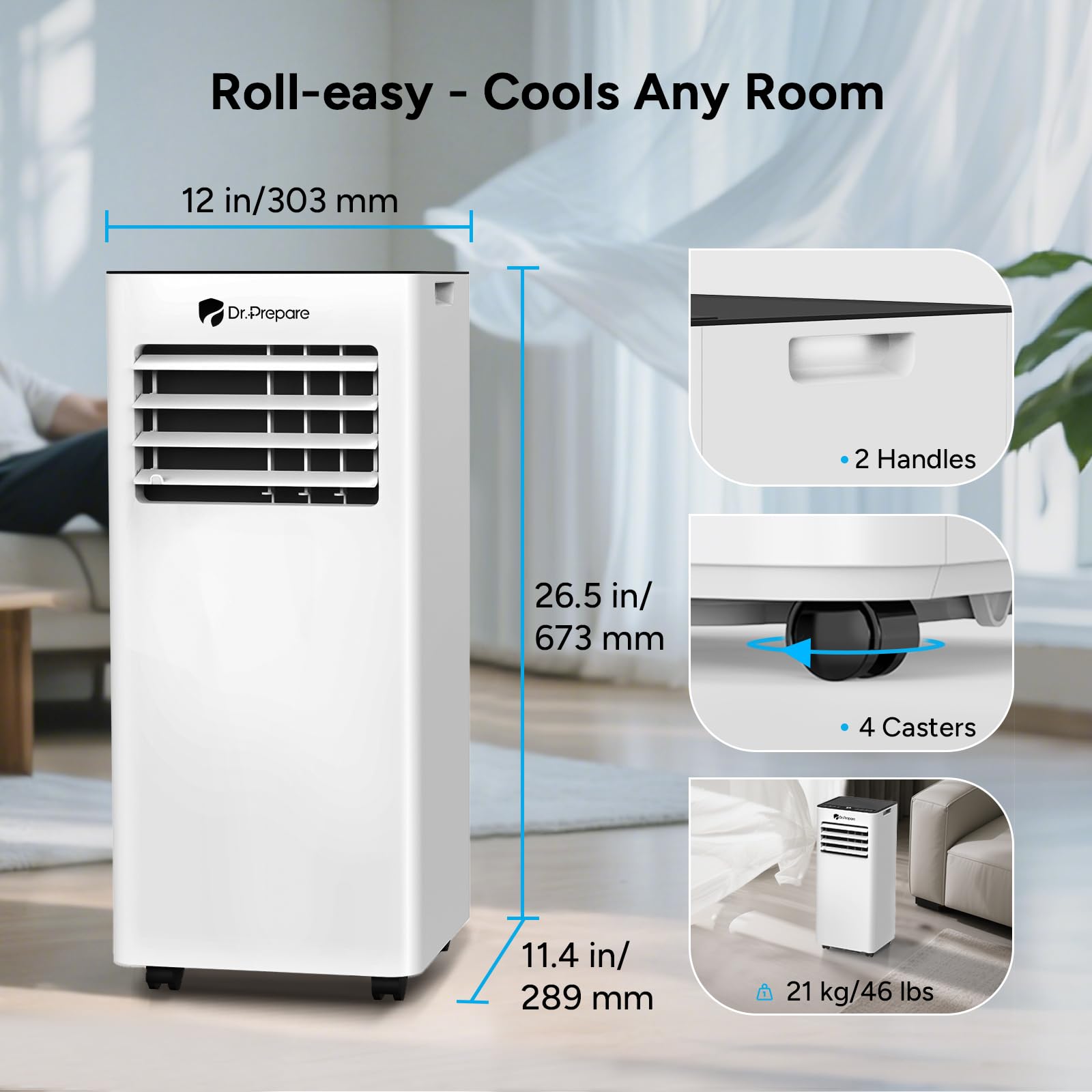 DR.PREPARE Mobiles Klimagerät 9000 BTU mit APP, 4 in 1 Mobile Klimaanlage mit Abluftschlauch, Kühlen&Ventilieren&Entfeuchten, Ventilator & Schlafmodus mit Fernbedienung, Kühlt bis zu 30m², 1-24H Timer