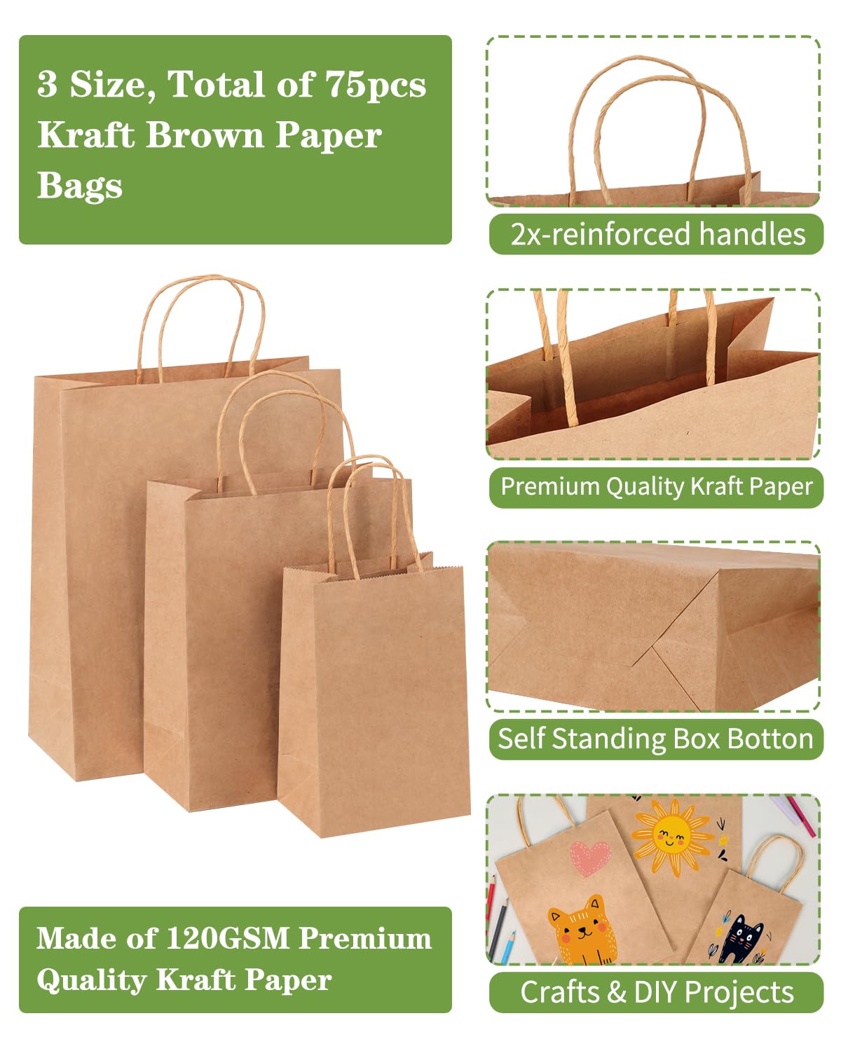 OUTUXED 75 bolsas de papel marrón con asas, bolsas de papel kraft de varios tamaños, bolsas de regalo a granel para venta al por menor, mercancía, negocios, compras, fiesta