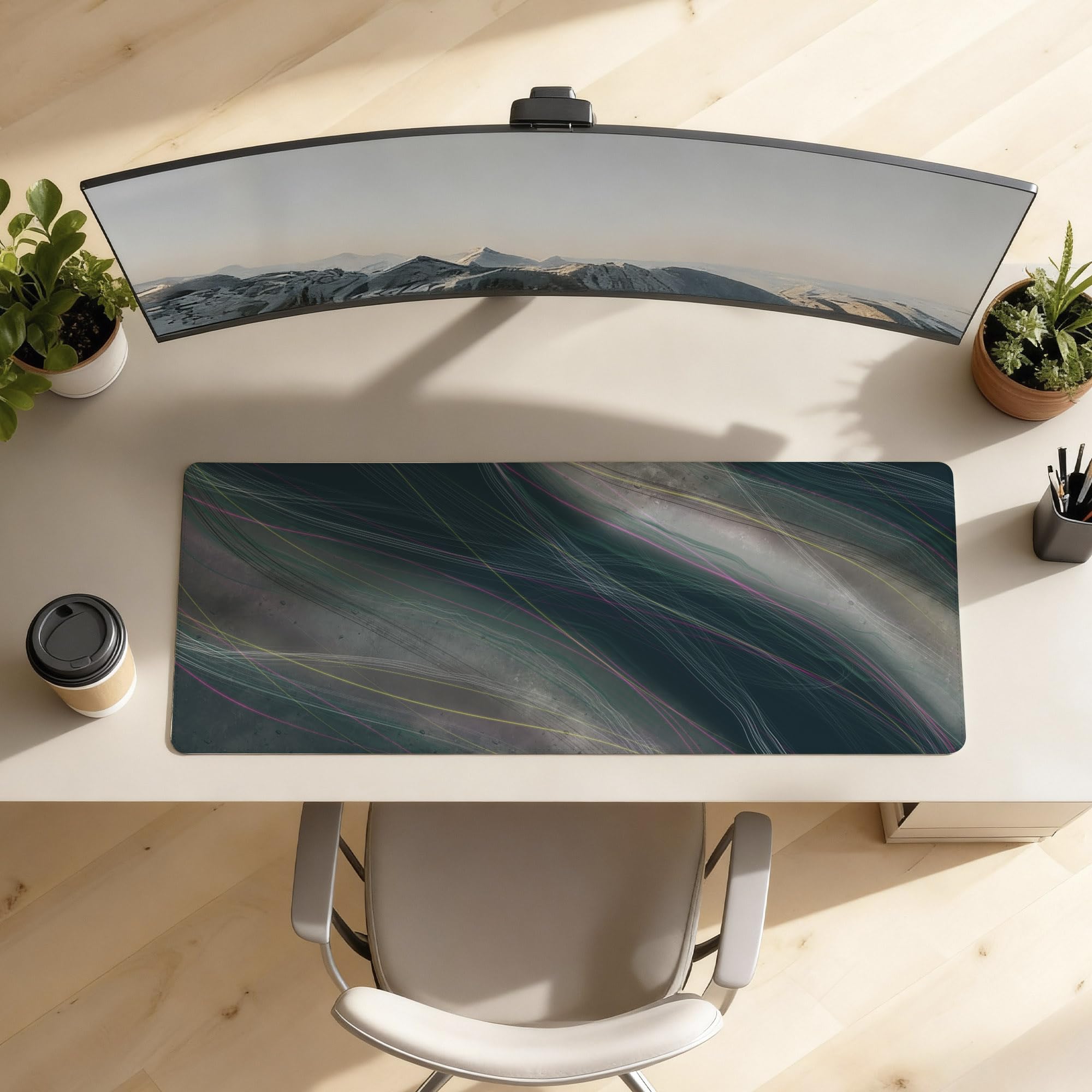 SoulAbiti Teal Pink Light Trails Extended Desk Pad (36x14 Inch) - Cyberpunk Pattern XXL Mouse Pad - Non-Slip Rubber Base & Stitched Edges 1