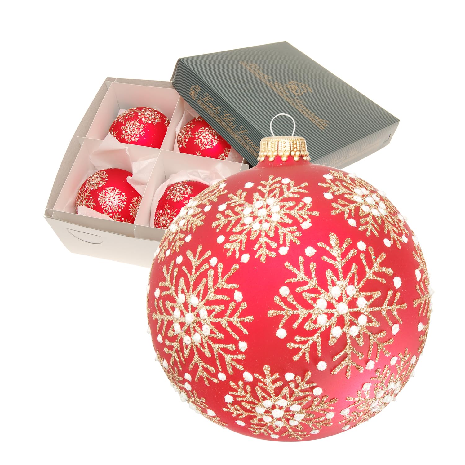 Krebs Glas Lauscha - Weihnachtsdekoration/Christbaumschmuck aus Glas - Weihnachtskugeln - Motiv: Rote Kugel mit Schneekristallen in weiß/Gold - Größe: 4 mal 10cm
