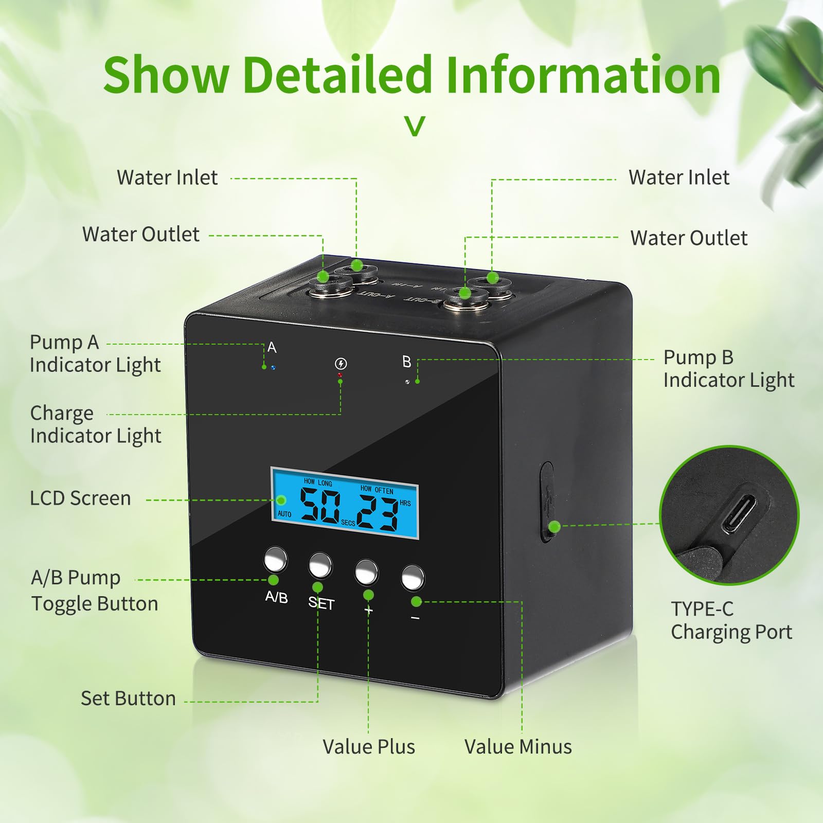 Dispositivi di irrigazione delle piante - Sistema automatico a doppia pompa per 20 vasi, timer intelligente 30 giorni con ricarica USB-C - Ideale per giardini e balconi interni