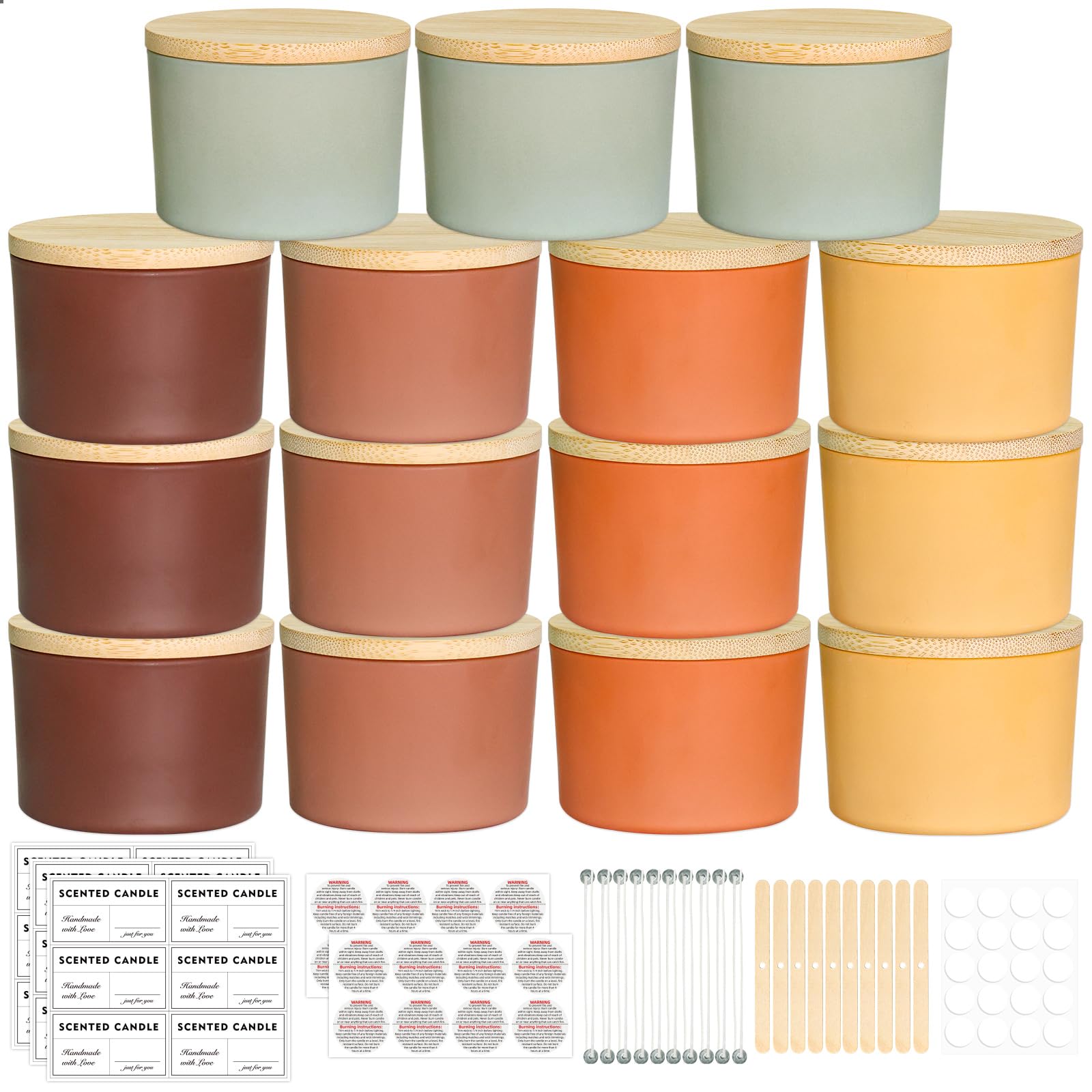 SUPMIND - Frascos para velas de otoño de 4 oz, paquete de 15, pequeños frascos de vidrio vacíos de boca ancha con tapas de bambú para hacer velas, contenedor para velas a granel con kit de mecha, ideal para dueños de negocios de velas