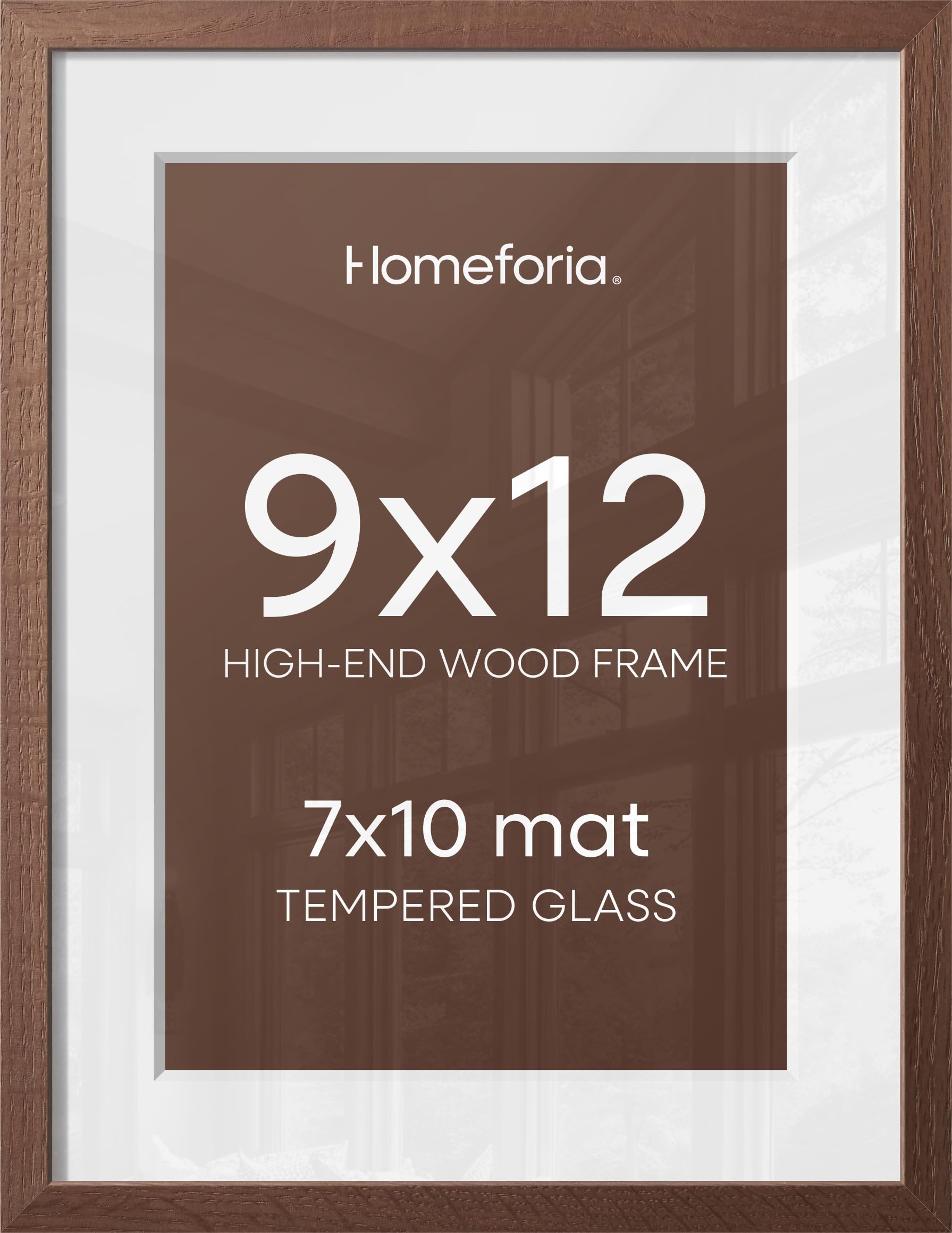 Homeforia 9x12 Brown Oak Picture Frame, High-End Wood, 7x10 Mat, Glass | High End Solid Oak Wood, Tempered Glass, Acid-Free 7x10 Removable Mat, 9x12 Edge-to-Edge Display 12x9, Wall Kit, Set Of 1