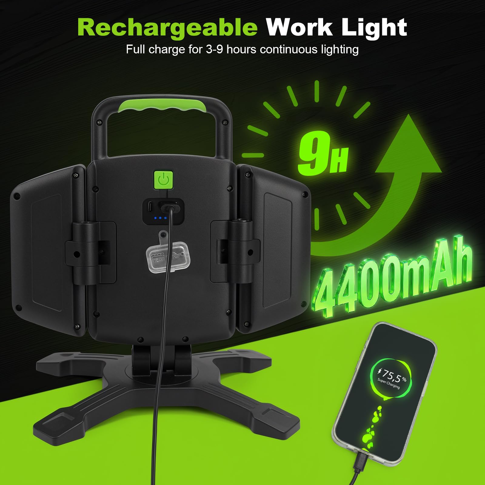SideKing Projecteur LED Rechargeable 3000LM - Cadeau Fête des Pères, Lampe Chantier 4400mAh, Rotation 360°Base Magnétique, Pliable, IP65 Étanche, Projecteur LED Chantier pour Atelier, Camion