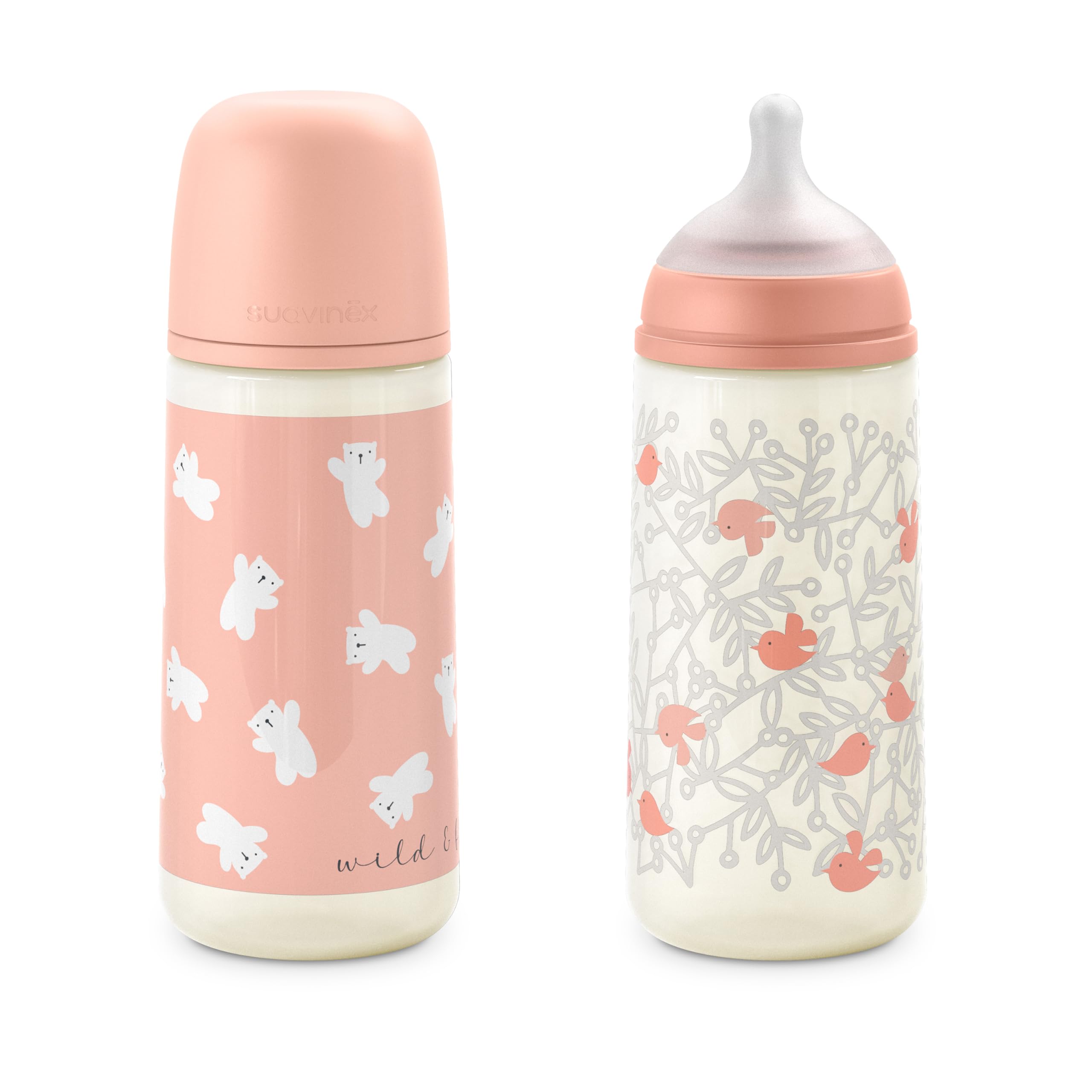 Suavinex, Confezione da 2 Biberon da 360 ml, Tettarella Fisiologica SX Pro in Silicone con Valvola Anticolica, Flusso Denso (L), Adatto per Pappe Liquide. ​​Neonati +6 Mesi. Birdies e Wild&Free, Rosa