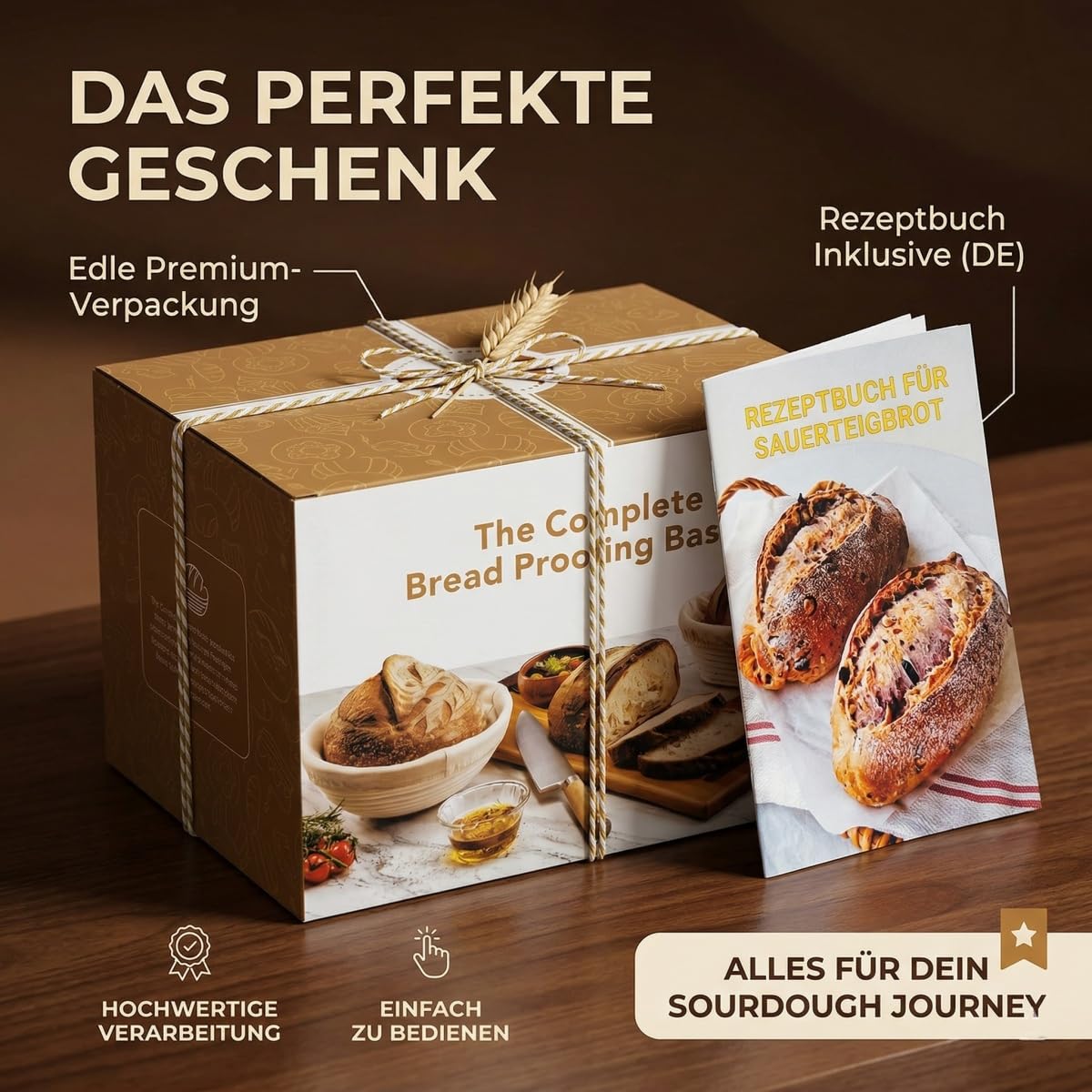Sauerteig Starter Set 15-Teiliges Profi Brotbackset inkl. Gärkörbchen Rund & Oval, Gärglas mit Thermometer & Rezeptbuch – Das ultimative Sauerteig Starter Set für Krustenzauber Brot - GROWZELT