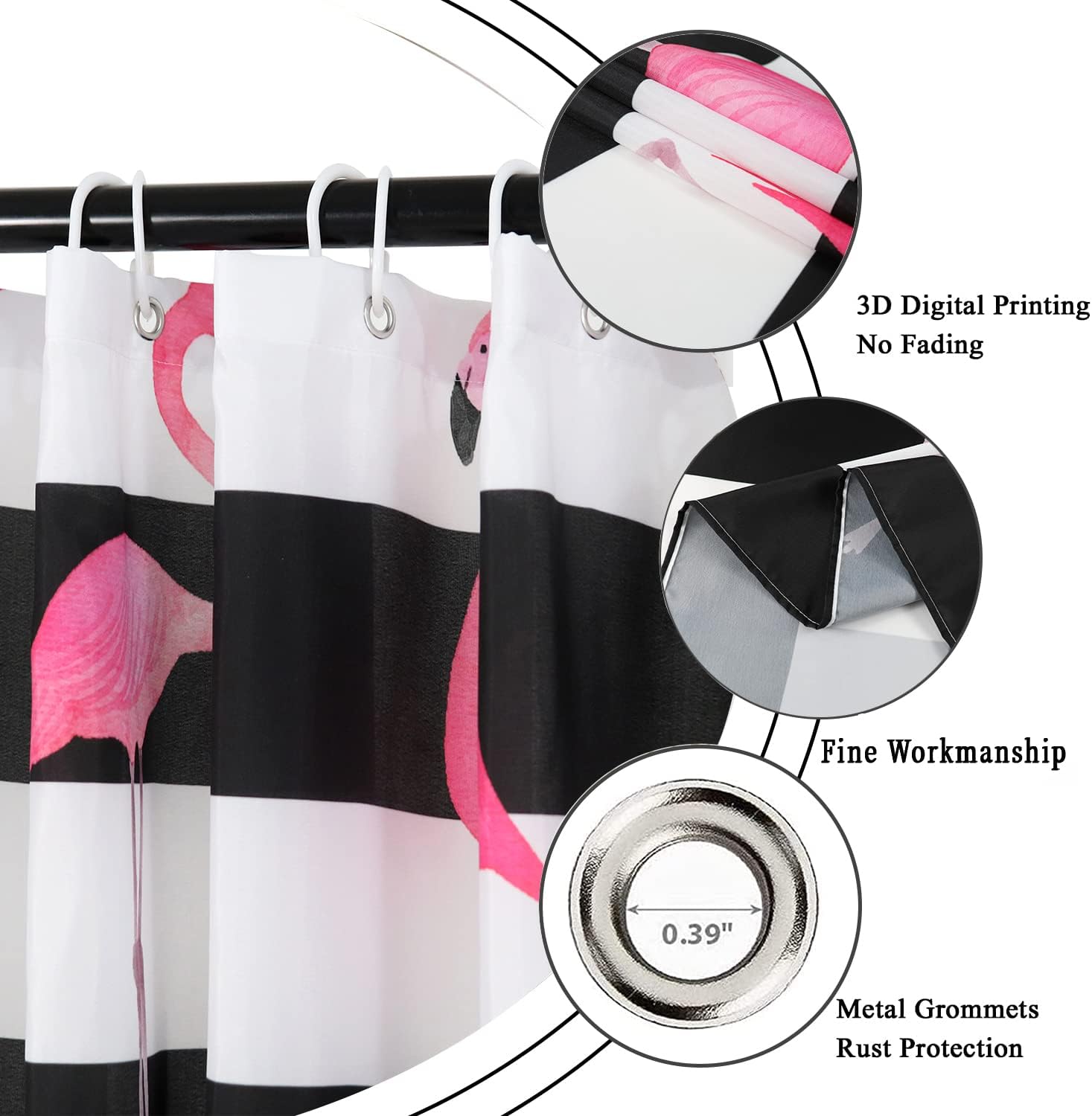 Flamingo Shower Curtain, Black White Stripe with Hot Pink Flamingos Bathroom Curtain Waterproof Fabric Machine Washable with 12 Hooks