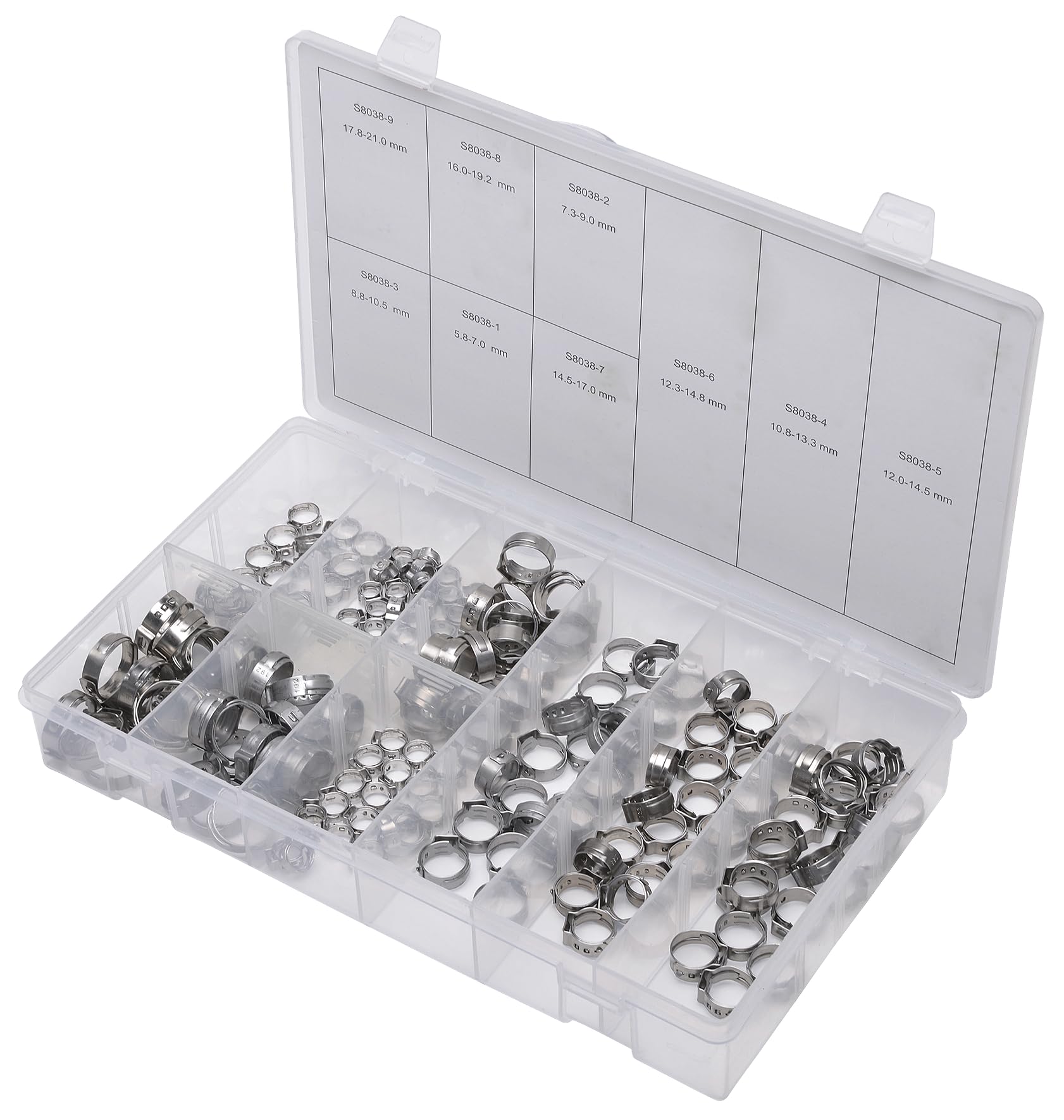 SW-Stahl S8038 Zestaw Obejm do Węży, 170 Elementów - Opaski Zaciskowe | Praktyczny asortyment w rozmiarach 10.8-13.3mm i 12.0-14.5mm, idealny do warsztatu i profesjonalnego mocowania przewodów