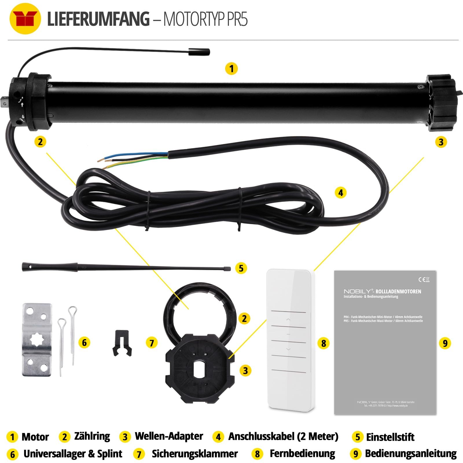 NOBILY Funk-Rolladenmotor 1-10er SET PR4 13/14-40 40mm Welle - bis 36Kg, inkl. hochwertigem Handsender