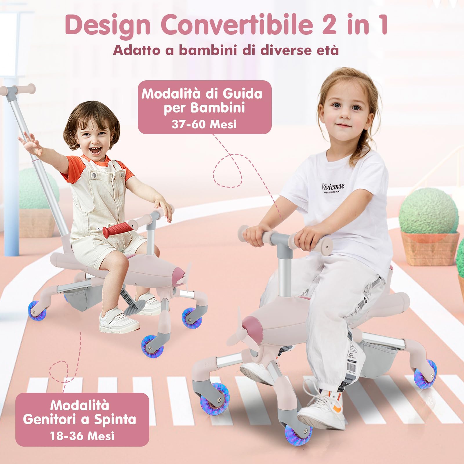RELAX4LIFE Auto a Spinta per Bambini 2-in-1, Maniglie Regolabili, Ruote in PU con Luci LED, Poggiapiedi Pieghevoli, Carico 50kg, per Bambini 18-60 Mesi (ROSA)