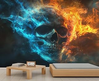 Skull Wallpaper, Ice and Fire Skull Wall Mural for Living Room, Gothic Wall Mural for Bedroom Wall Decor (Not Peel n' Stick)