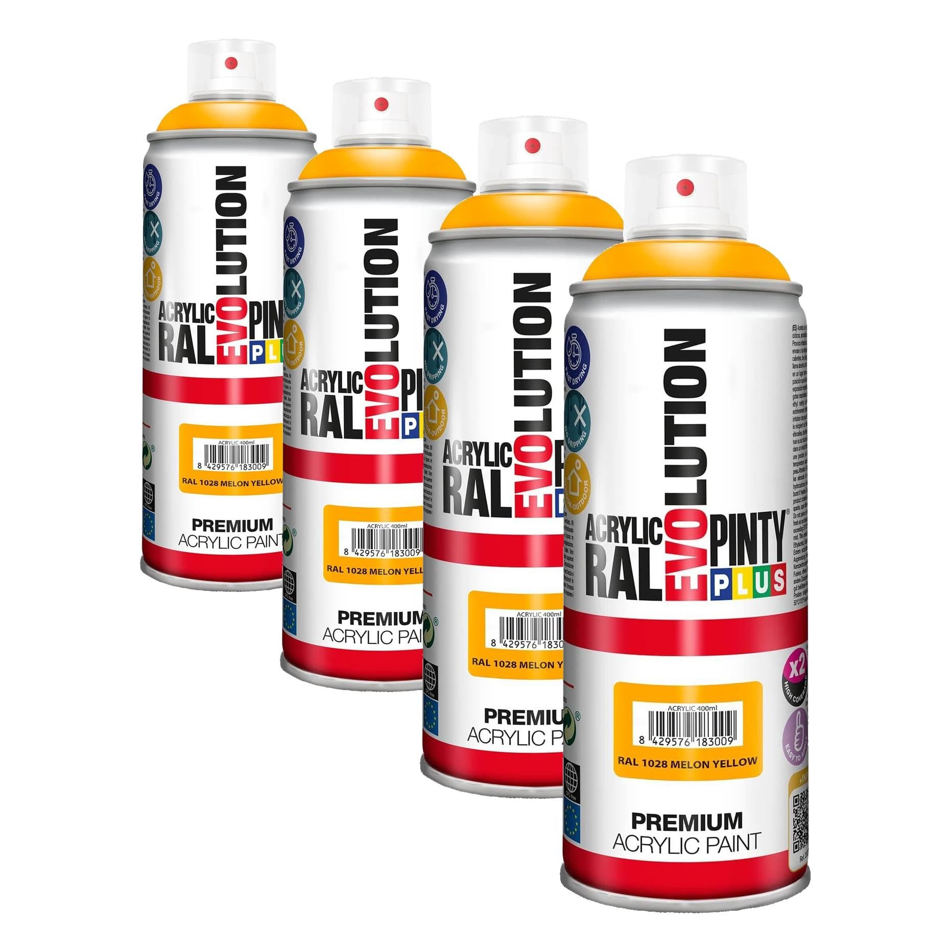 PINTY PLUS EVOLUTION 591 Pintura Spray Acrílica Brillo 520cc Melon Yellow, Amarillo Ral 1028, 0.6 (Paquete de 4)