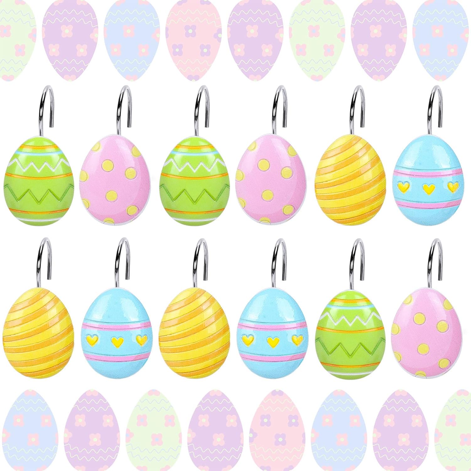 FYSUIMU 12Pcs Easter Shower Curtain Hooks Colorful Eggs Curtain Rod Rings Spring Resin Curtains Hanger Hooks for Living Room Bedroom Bathroom Decor