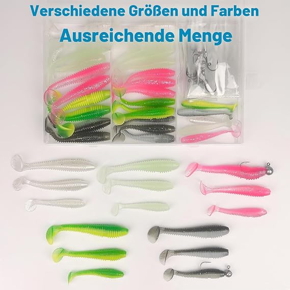Pack of 45 Soft Fishing Lures and 10 Triangular Jig Heads for Spin Fishing 5.5 cm + 6.5 cm + 7.5 cm Fishing Lure Swimming Bait Rubber Fishing Lure Rubber Fish with Jig Head and Plastic Box 5