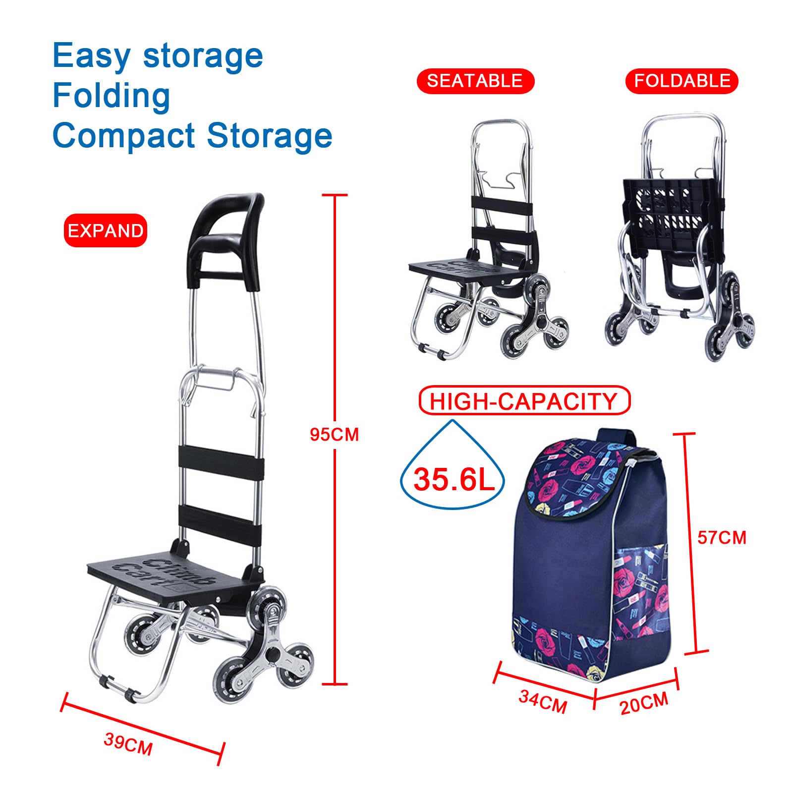 Carrello Spesa Pieghevole Con 6 Ruote E Sedile, Telaio In Alluminio, Borsa Rimovibile 40L, Carico Max 50 Kg, Colore Blu, Per Scale E Terreni Irregolari