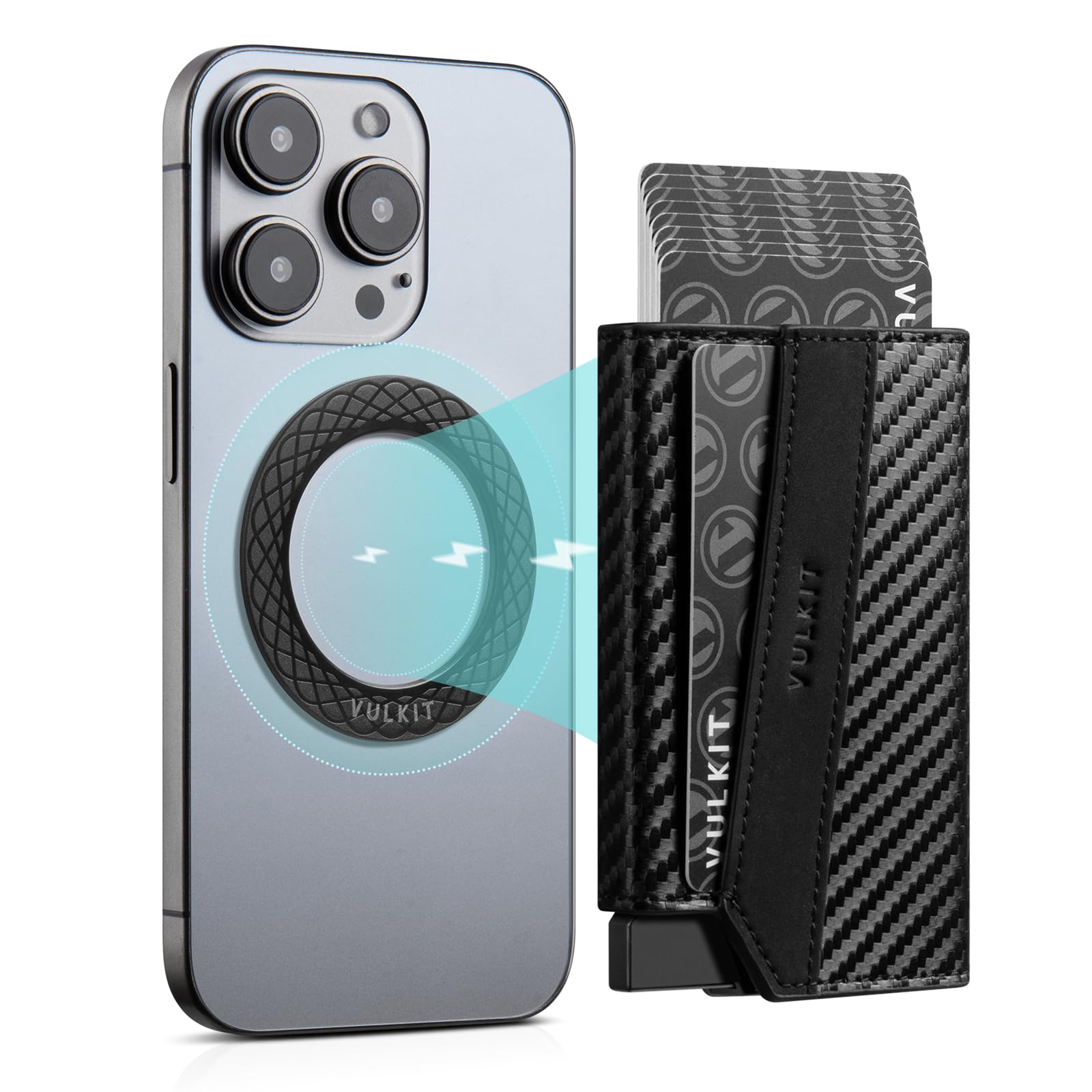 VULKIT Magnetic Pop-Up Wallet for Max. 8 Cards, Compatible with iPhone 12 Serie or higher, Includes Magnetic Ring, Packed in Gift Box, Carbon Fiber