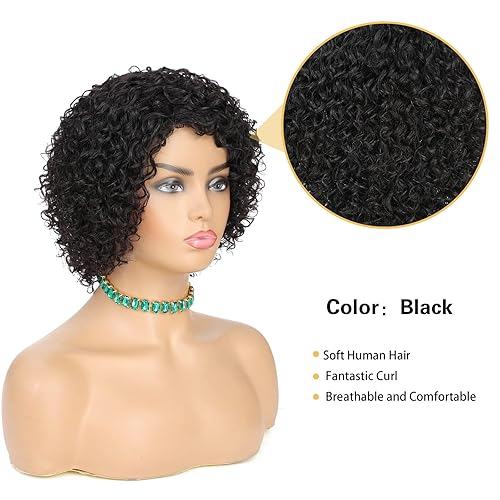 Miniatura 2 de Pelucas de cabello humano corto y rizado para mujeres negras, 10 pulgadas, peluca de cabello humano brasileño rizado, parte lateral profunda, corte