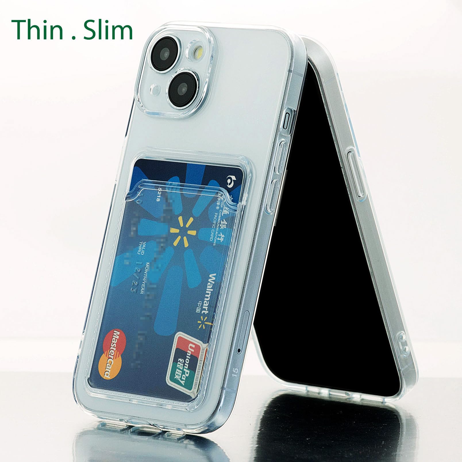 Chengyuanfeng Cover Trasparente per iPhone 15 con Porta Carte, Custodia Ultra-Sottile 1,5 mm in TPU Antigiallo Antiurto, Minimalista con Slot per 1 Carta, per Pendolari, Metro e Pagamenti Contactless