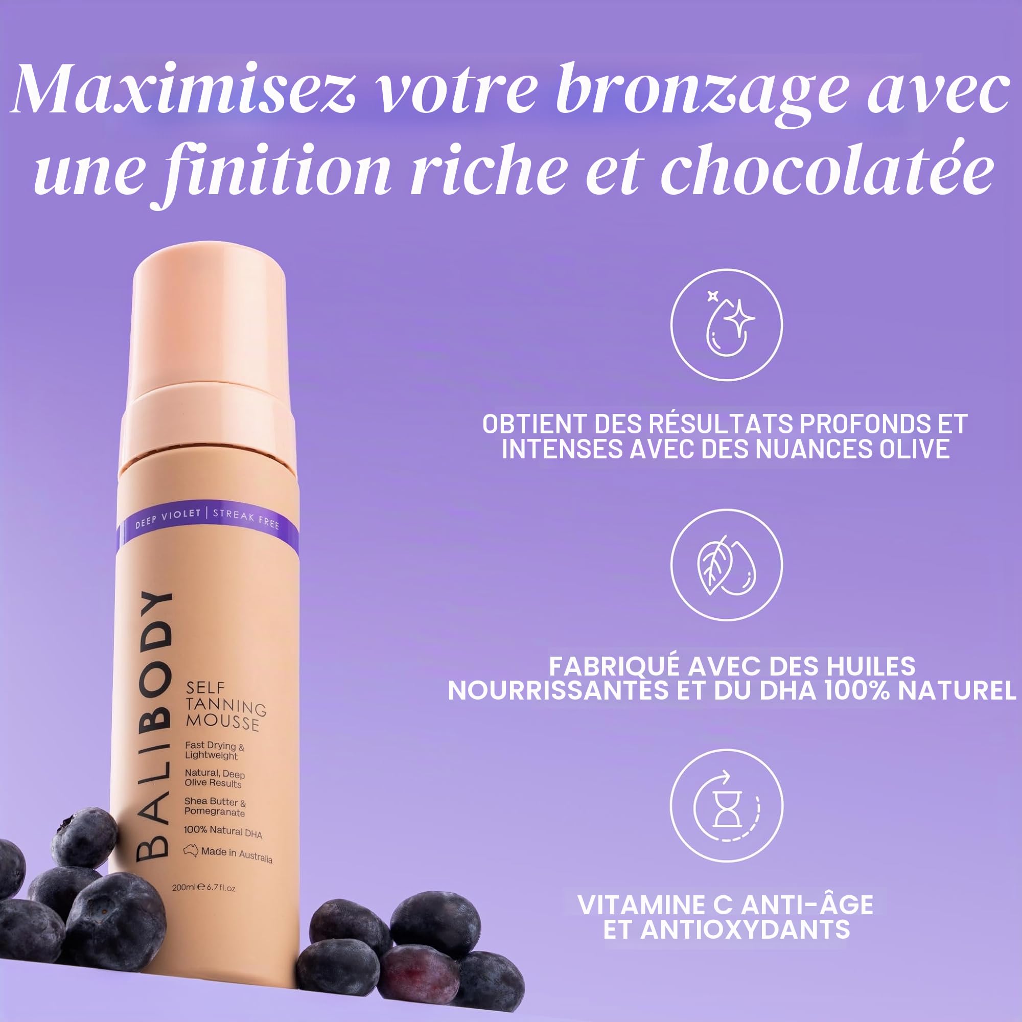 Bali Body Deep Violet Mousse autobronzante – Formule autobronzante à base de violette pour bronzage foncé, faux bronzage avec nuances d'olive – Hydratant, bronzant sans soleil pour peaux sensibles