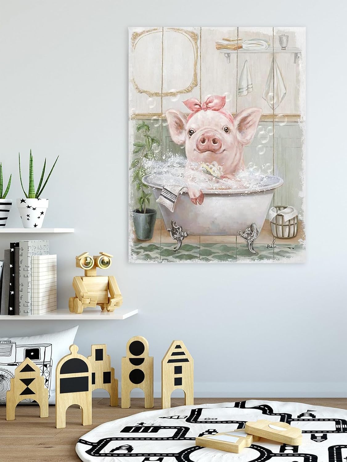 Pink Pig Bathroom Wall Art pink bathroom decor Cute Animal Framed for Bedroom Living room Kitchen and kids bathroom(16"x24"x1 Panel)