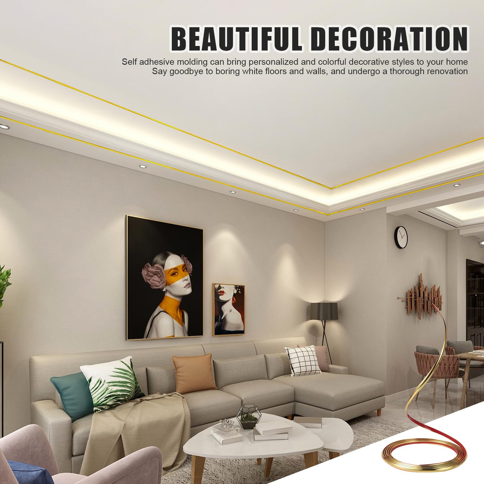 Modanatura Adesiva Per Pareti, Striscia Flessibile Per Modanatura, Modanature Autoadesive Per Pareti, Soffitti, Pavimenti, Decorazioni Per La Casa, Oro (10m X 9mm)