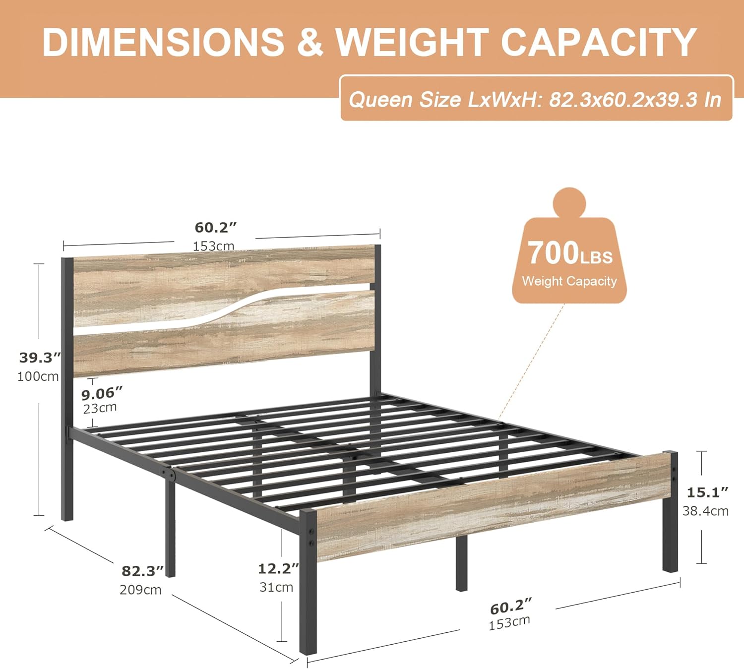 Diagram showing the dimensions of the Queen size VECELO bed frame, including length, width, headboard height, footboard height, and under-bed clearance.