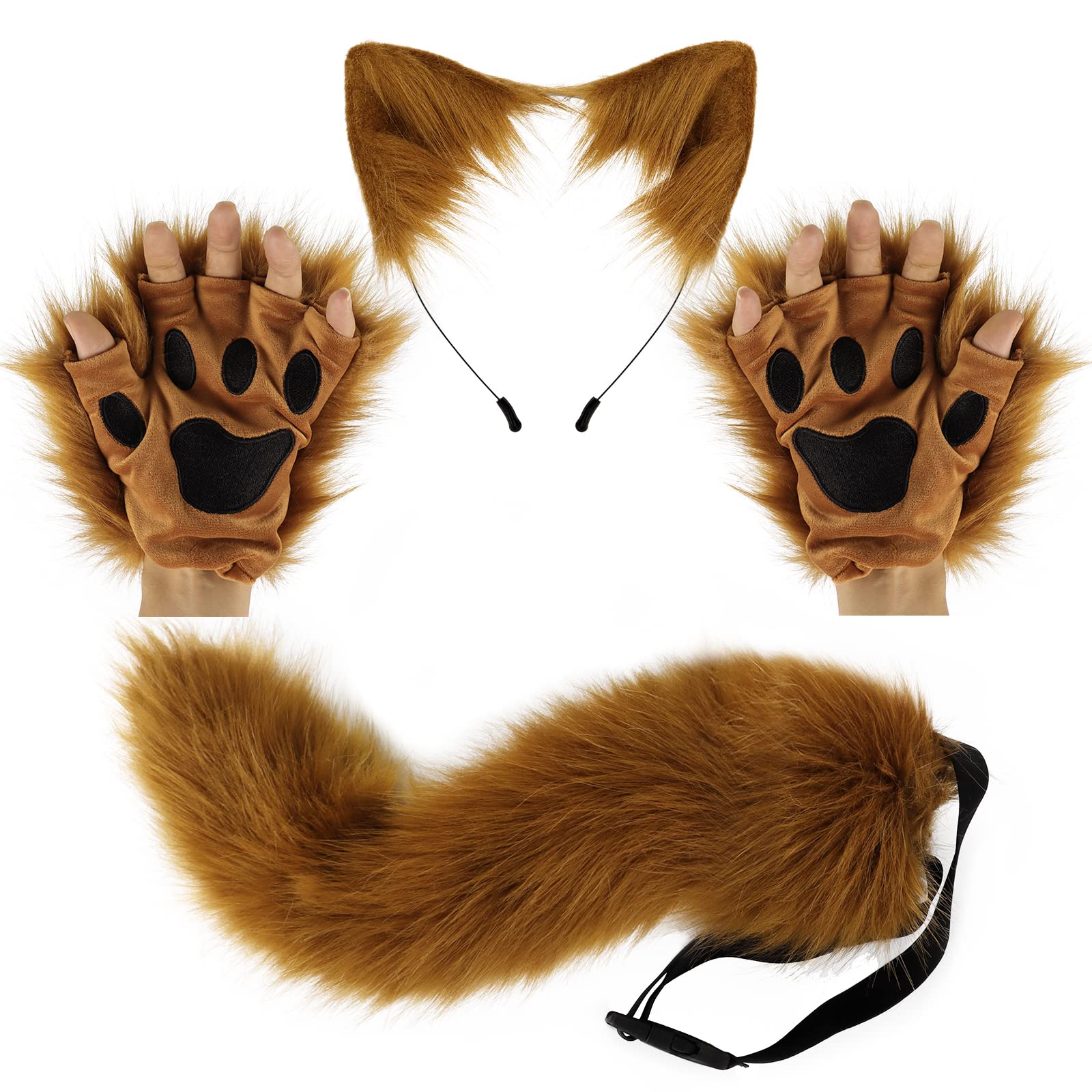 HAOAN Wolf Fox Tail Clip Ears and Gloves Set Halloween Christmas Fancy Party Costume for Women, Brown01, Medium โ image 1