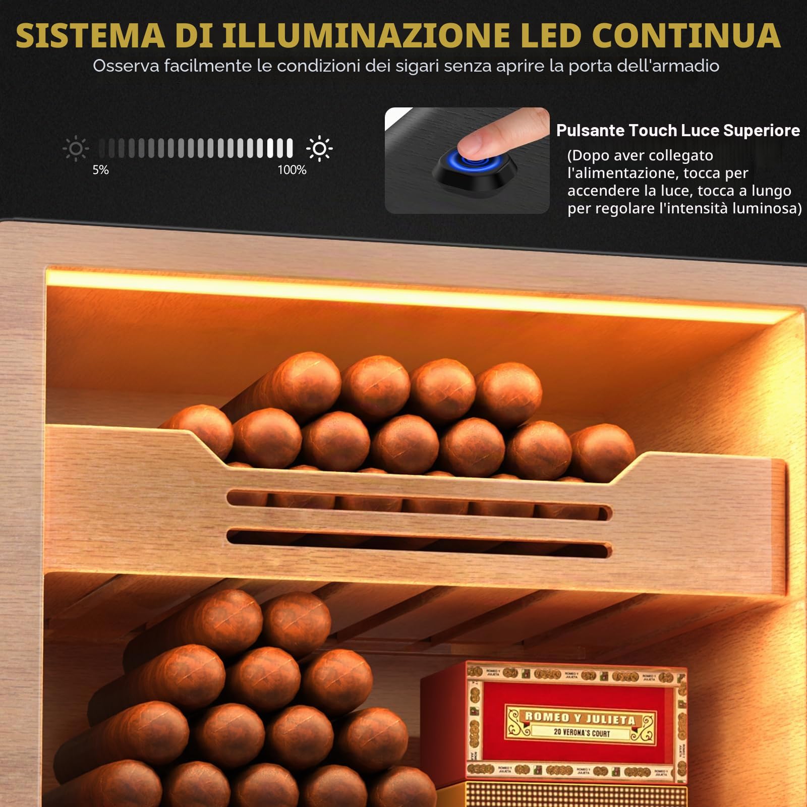 Tesonway Umidificatore per sigari, con sistema di controllo della luce, con ripiani in legno di cedro spagnolo, igrometro, 3 umidificatori e cassetto per accessori per sigari, regalo per la festa del