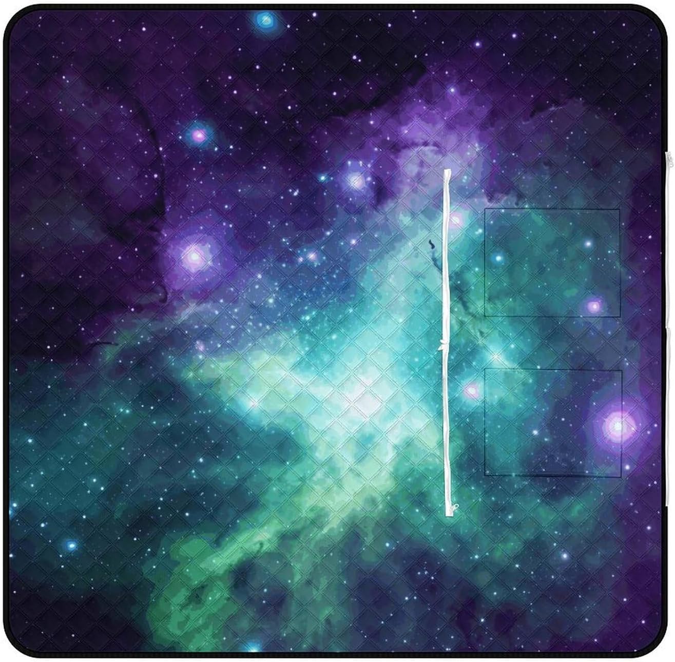 Green Blue Purple Galaxy Picnic Blanket with Zipper Water Resistant Sand Free Picnic Mat Washable Foldable Easy Carry Beach Blanket for Lawn Beach Hiking Camping