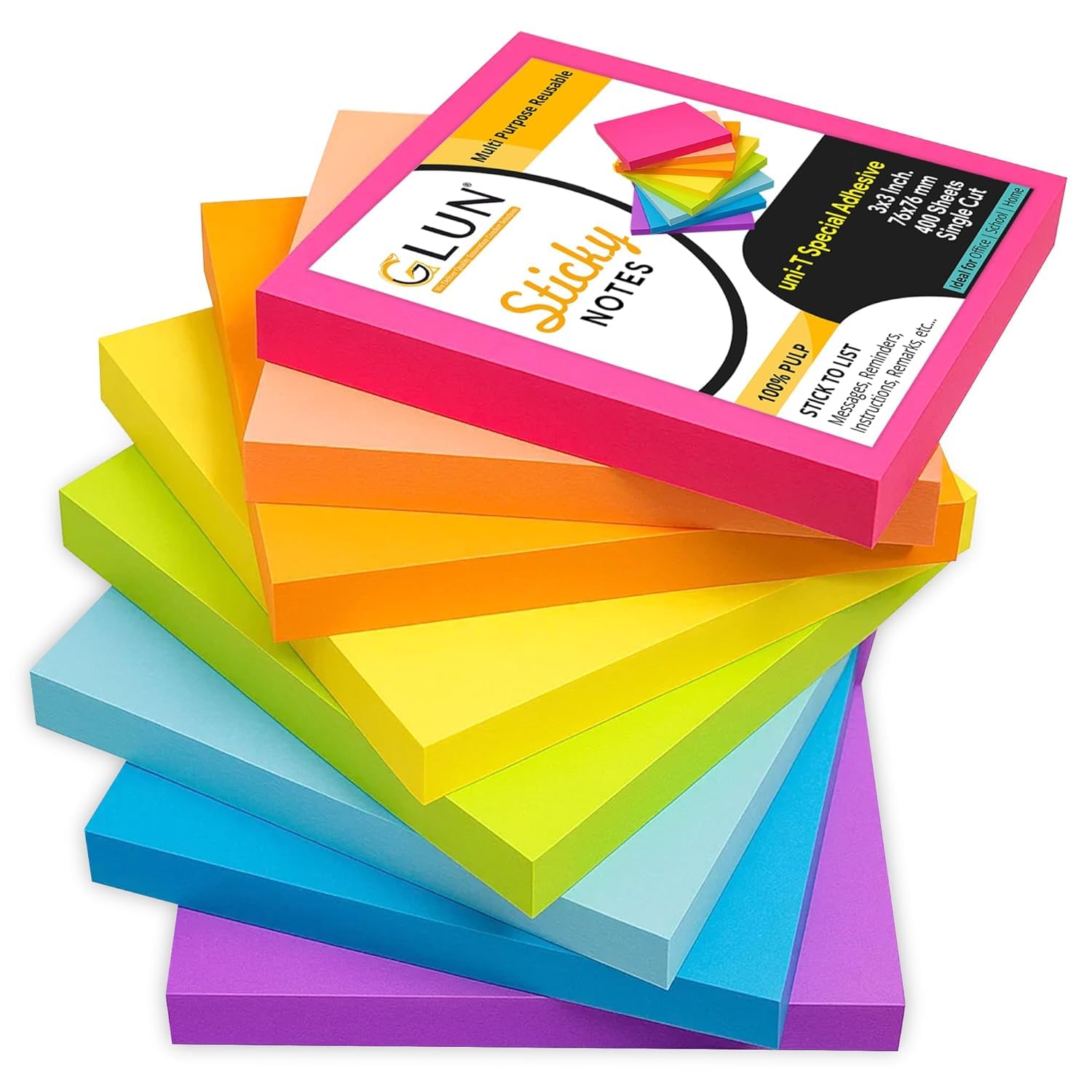 GLUN® Multicolour Sticky Notes 400 Sheets Strong Adhesive, Self-Stick, Multi-Color, Ideal for Notes, Organization, and Reminders Bright Morandi Colors