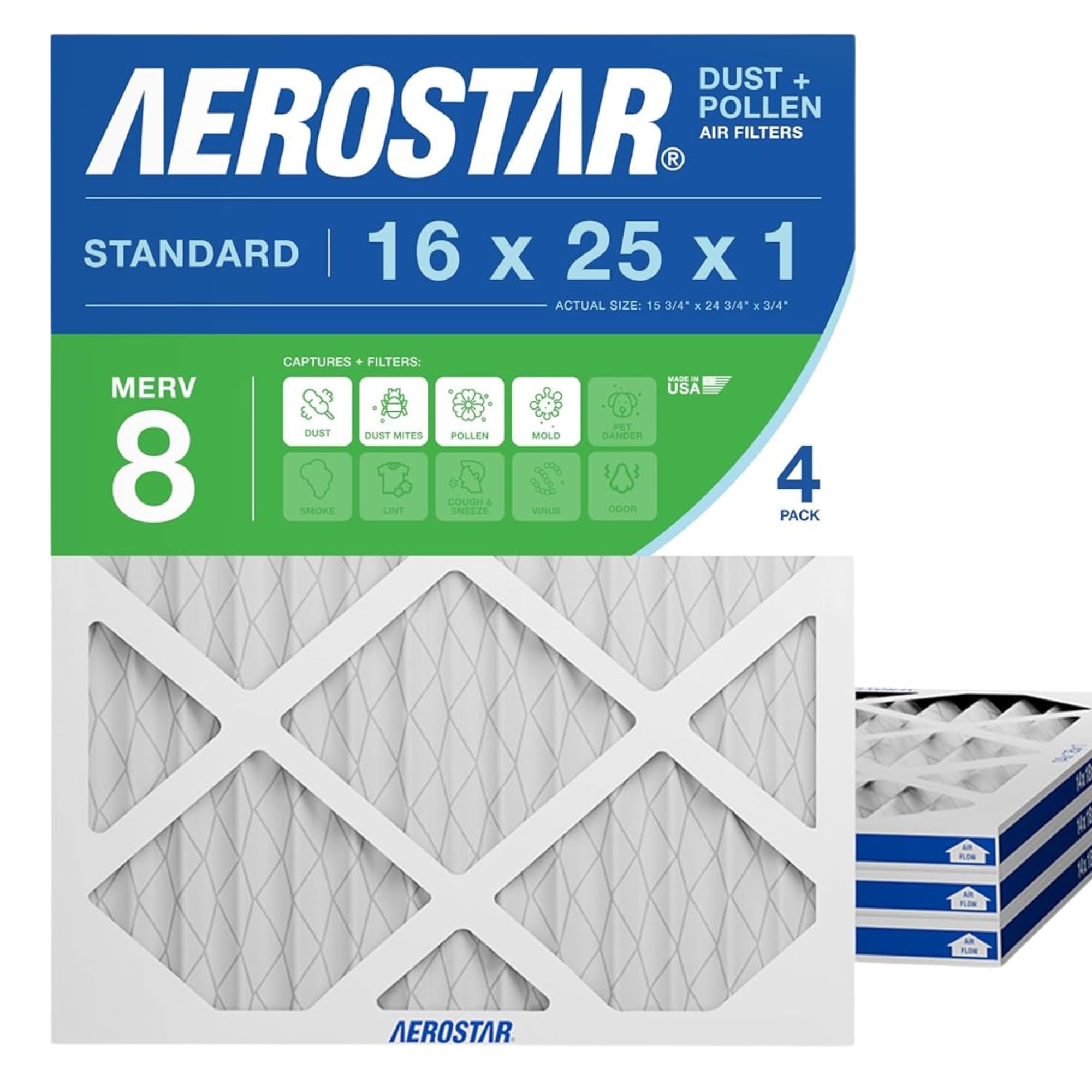 Aerostar 16x25x1 MERV 8 Air Filter, 4 Count, ACTUAL SIZE (15.75 x 24.75 x 0.75), HVAC, Air Conditioning & Furnace Filter Captures Dust, Lint & Pollen (MPR 600 / FPR 5), Made in USA