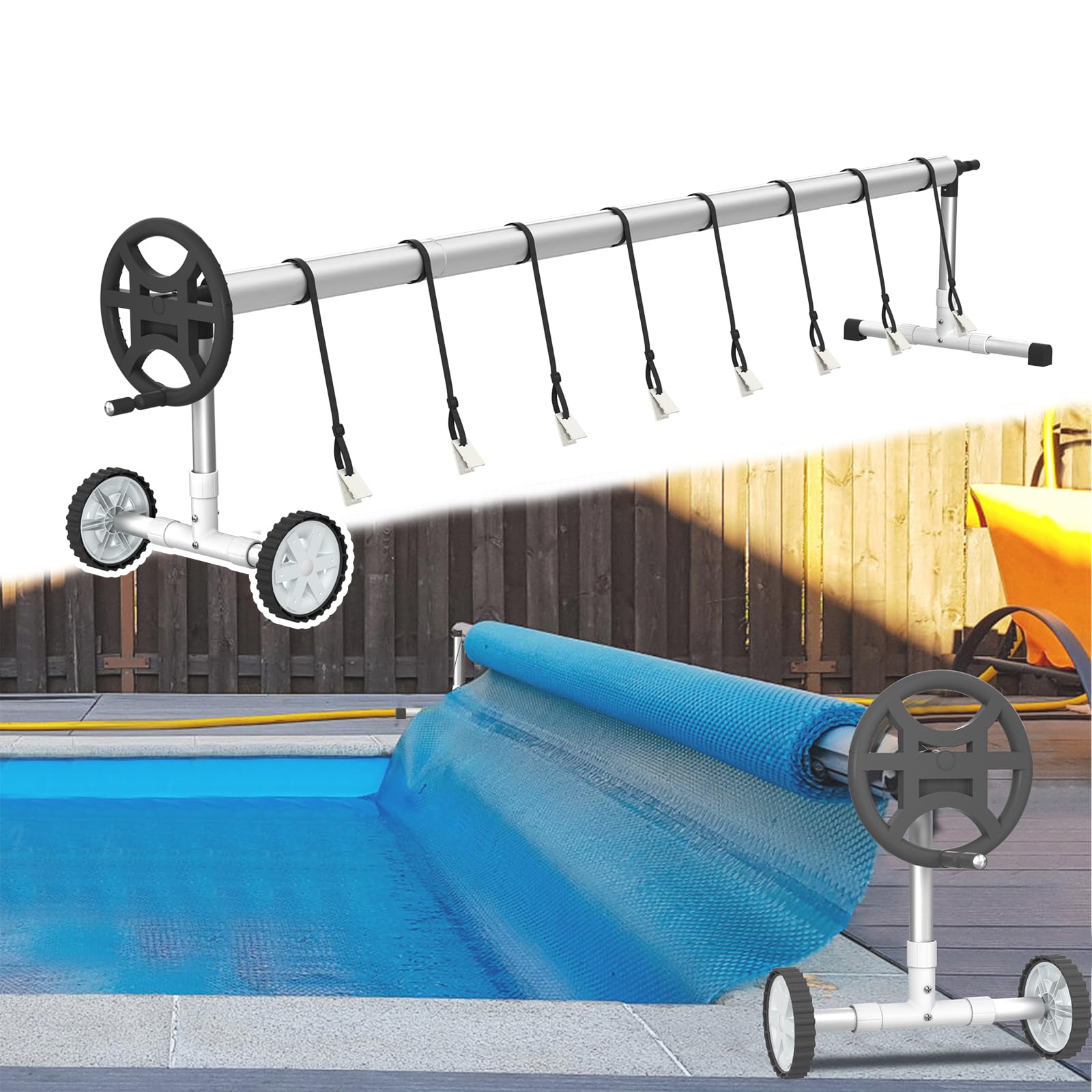 NAIZY Aufrollsystem 3m - 5,7m Pool Aufroller für Poolfolie Abdeckung Mobiles Aufrollvorrichtung mit Rädern Poolaufroller inkl. 8 Clips, CR16